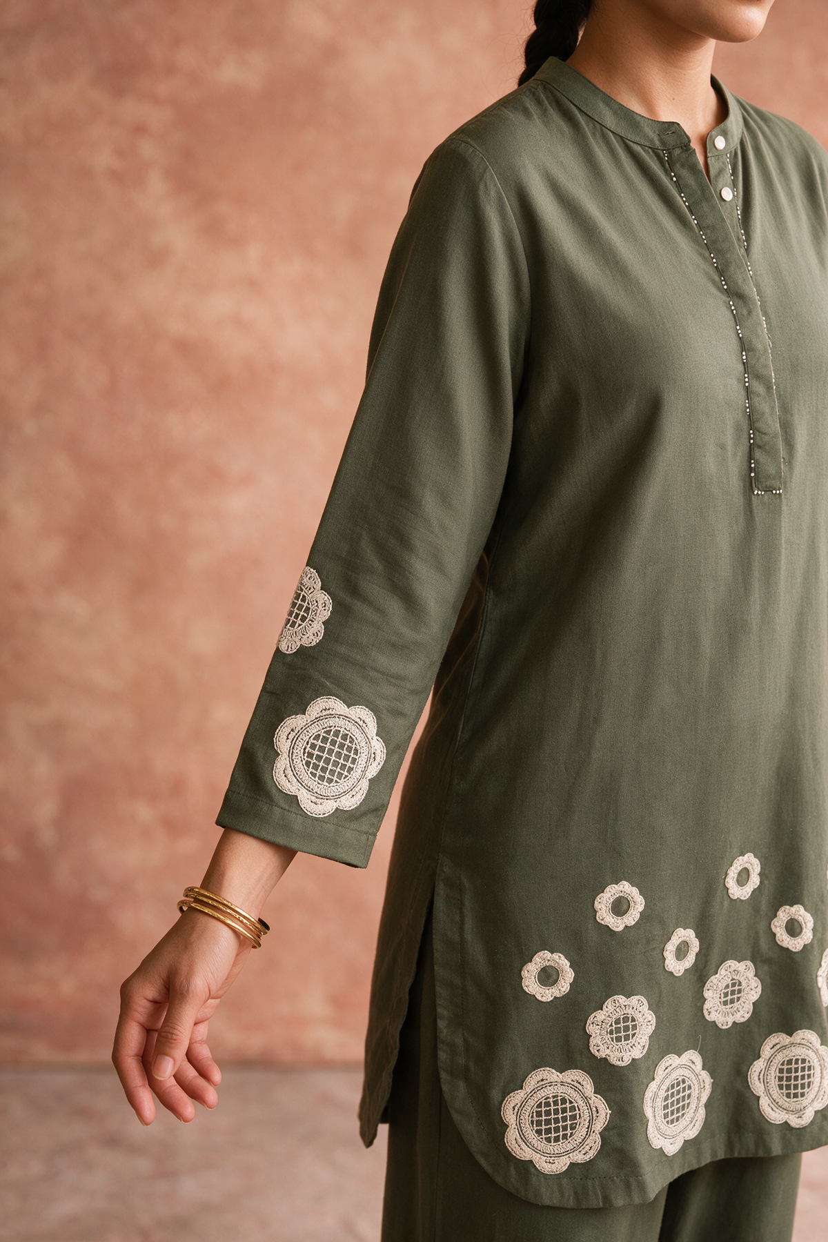 Olive Green Appliqué Khadi Cotton Kurta/Co-ord Set
