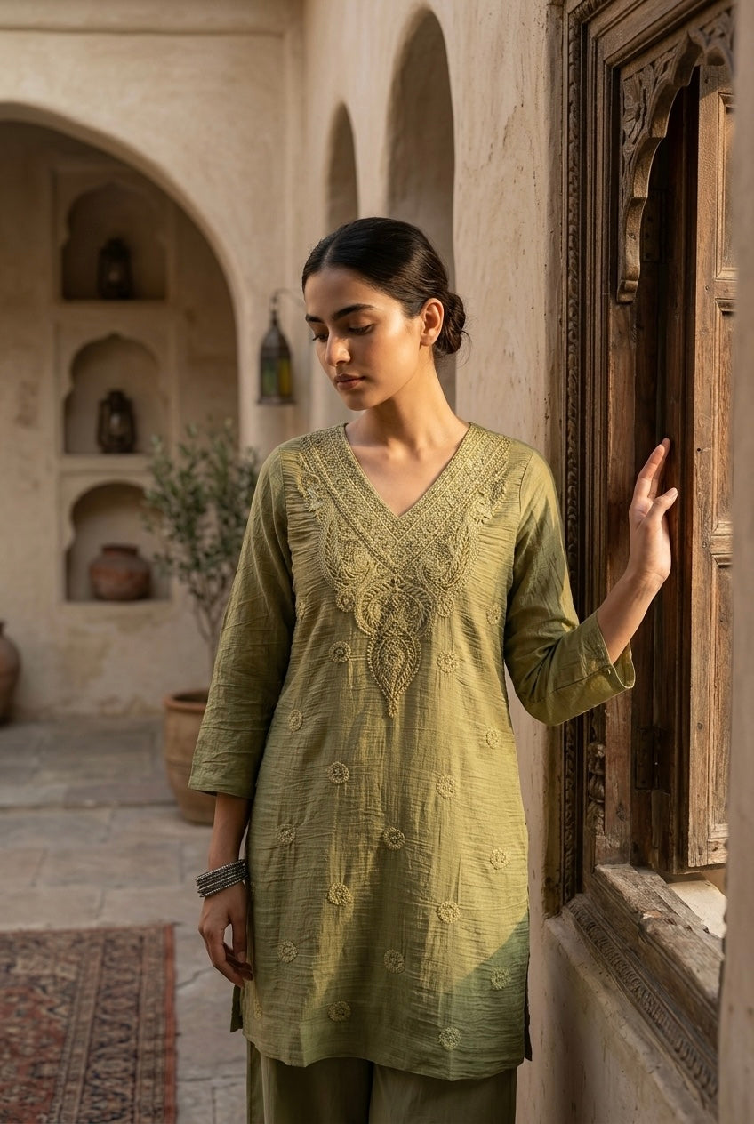 Sage Green Mul-Chanderi Kurta Set