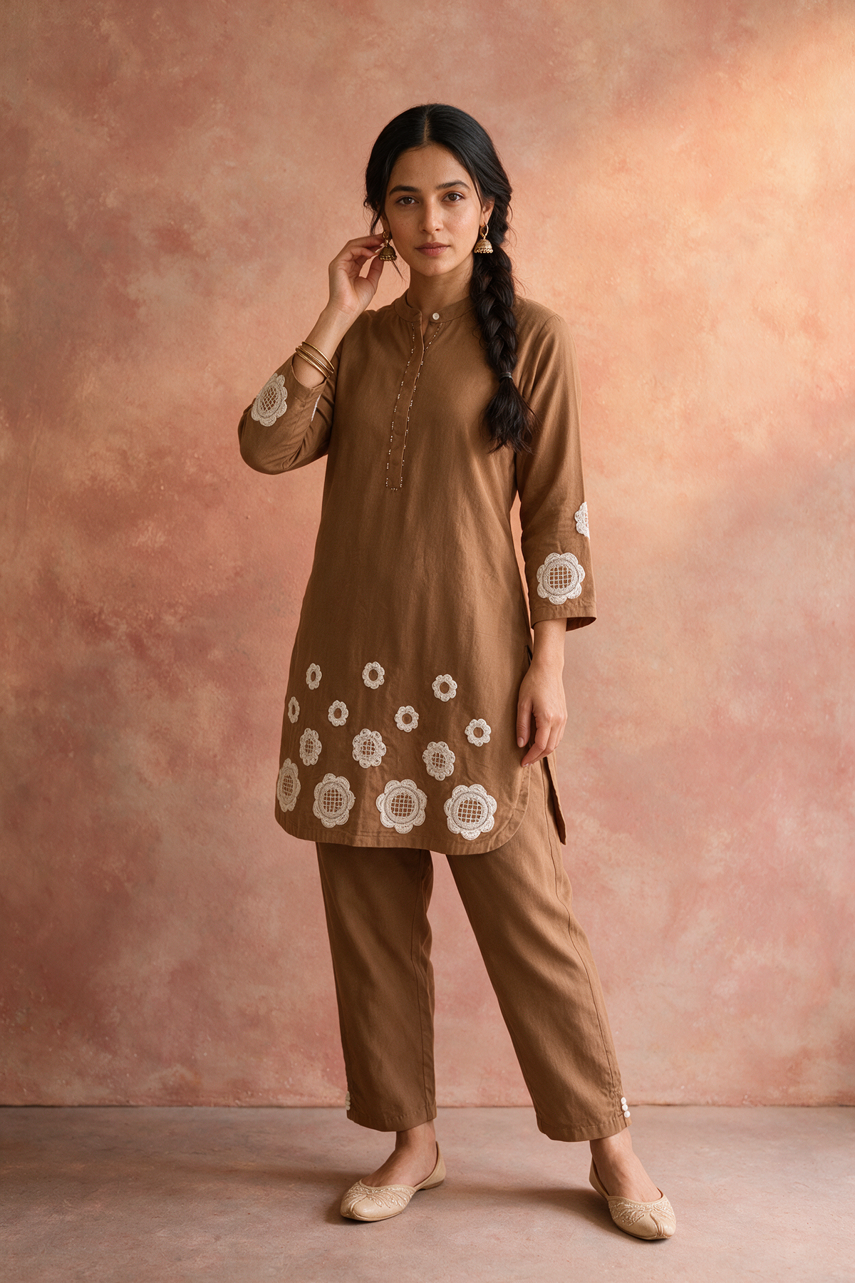 Warm Camel Brown Appliqué Khadi Cotton Kurta/Co-ord Set