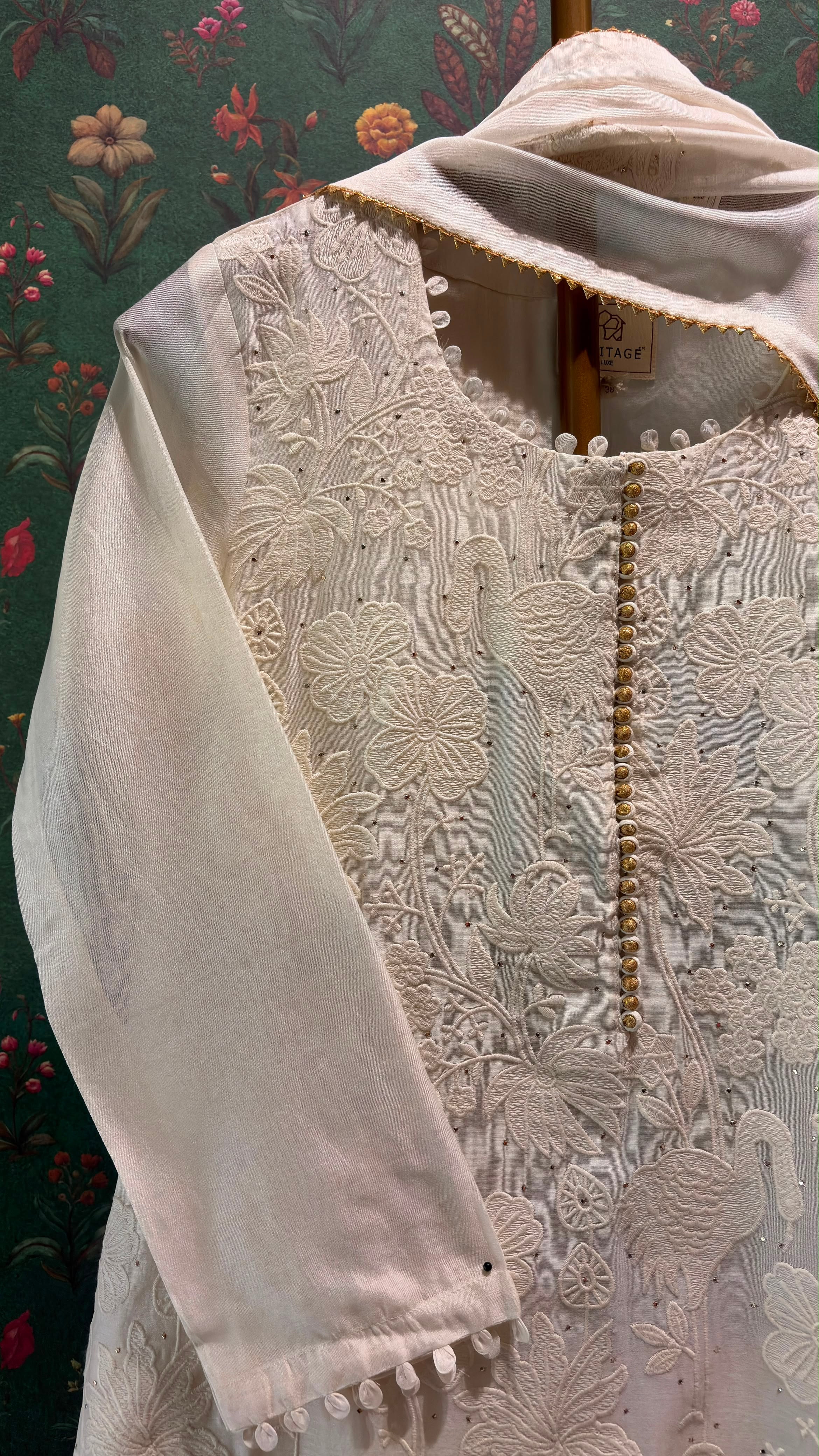 Ivory Floral Crane Embroidered Suit Set