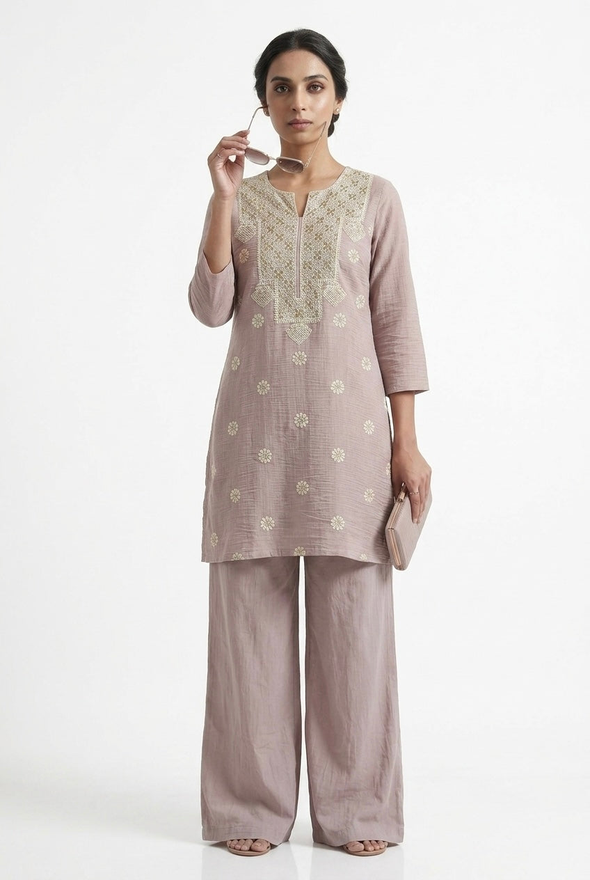 Soft Mauve Embroidered Kurta/Co-ord Set | HER-779