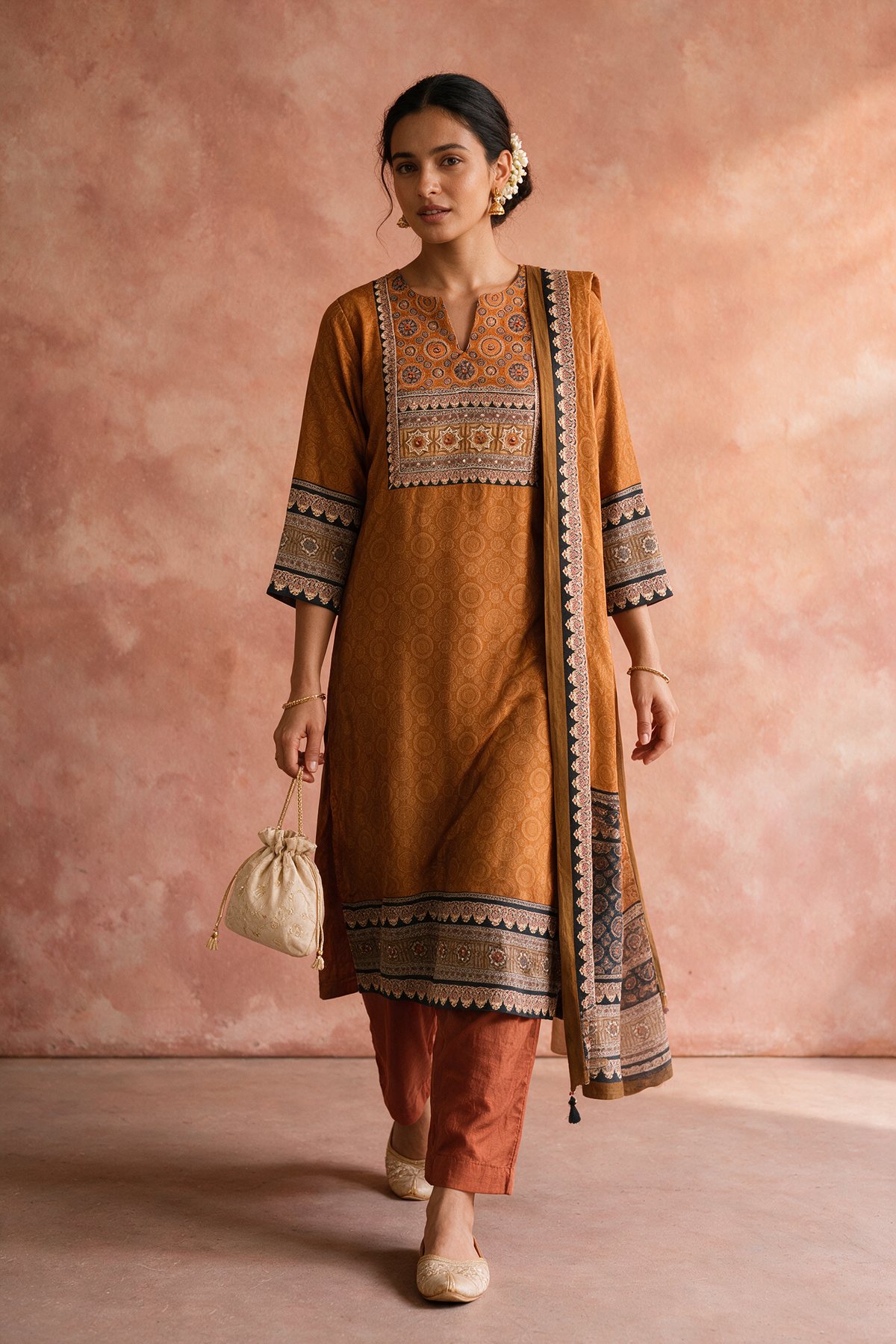 Mustard Brown Printed Muslin Suit Set