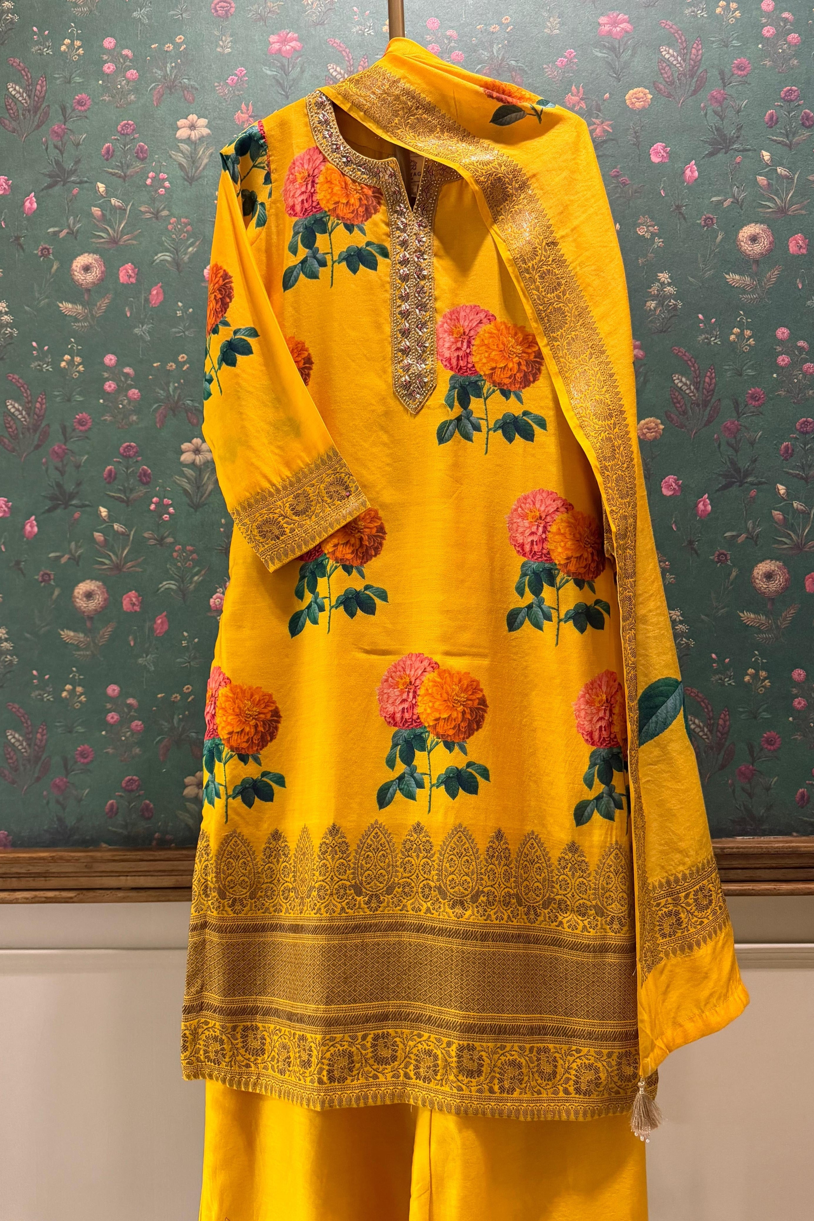 Yellow Floral Chanderi Suit Set | HER-608