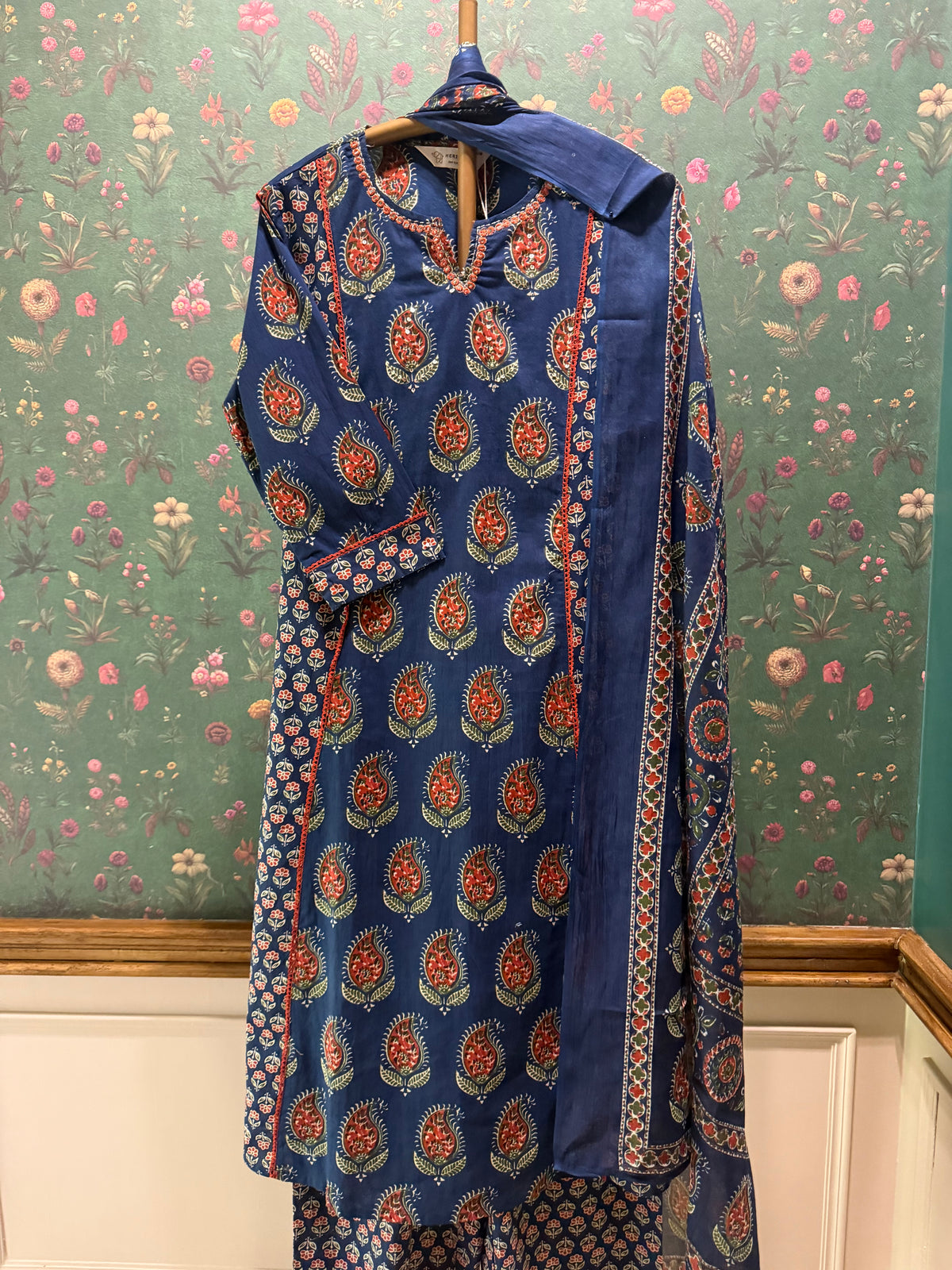 Indigo Blue Paisley Printed A-Line Cotton Suit Set | HER-720