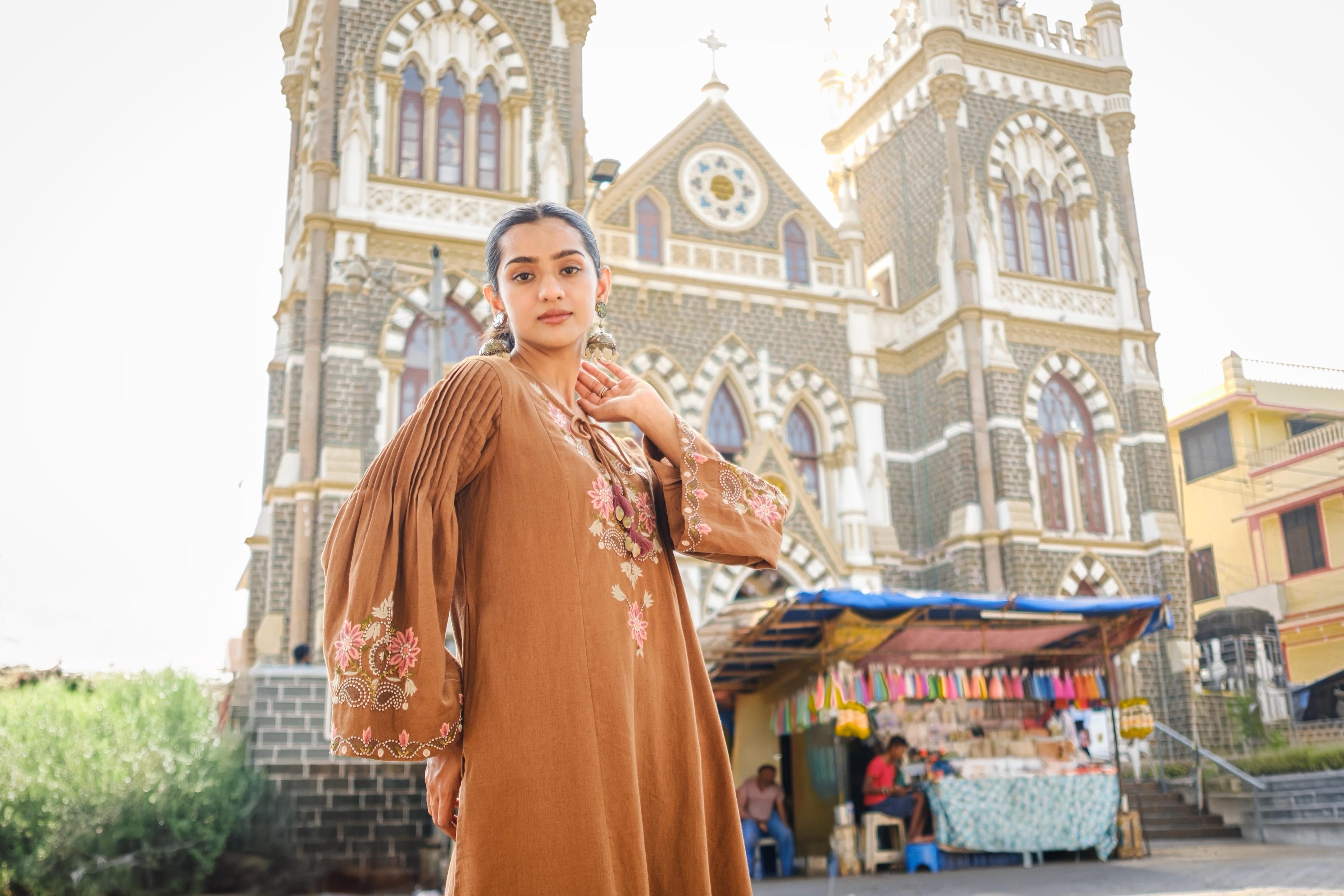 Caramel Brown Embroidered A-Line Kurta Set | HER-723