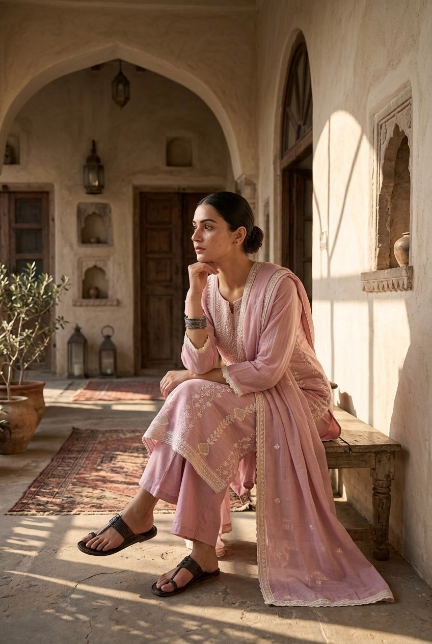 Rose Pink Embroidered Mul-Chanderi Suit Set | HER-786