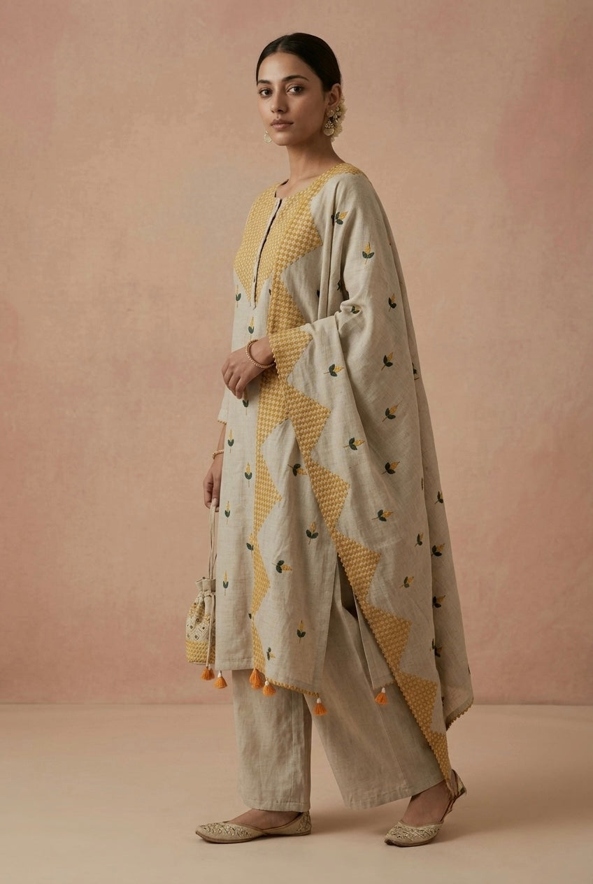 Ivory Beige and Mustard Yellow Embroidered Pure Chanderi Suit Set