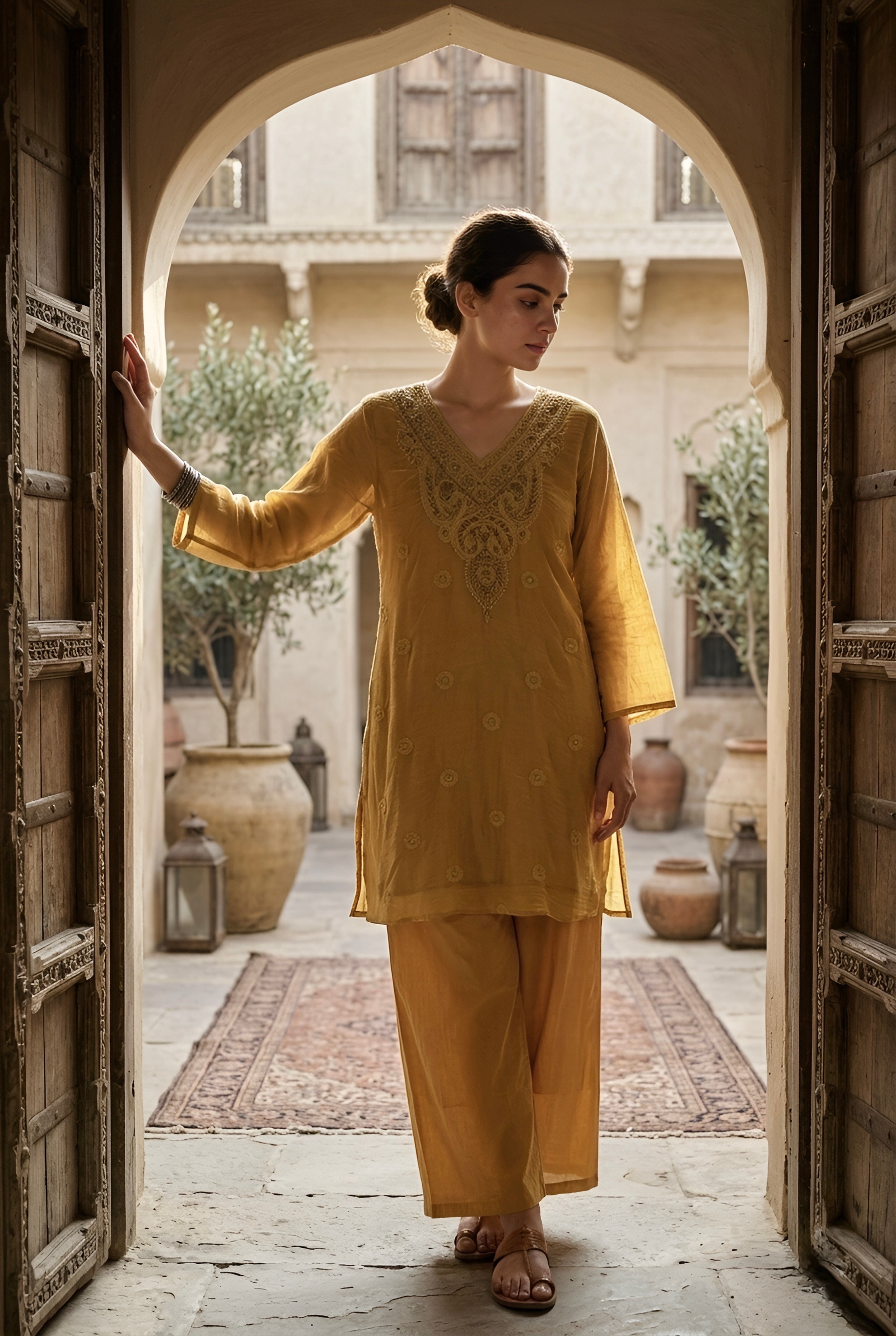 Mustard Yellow Mul-Chanderi Kurta Set