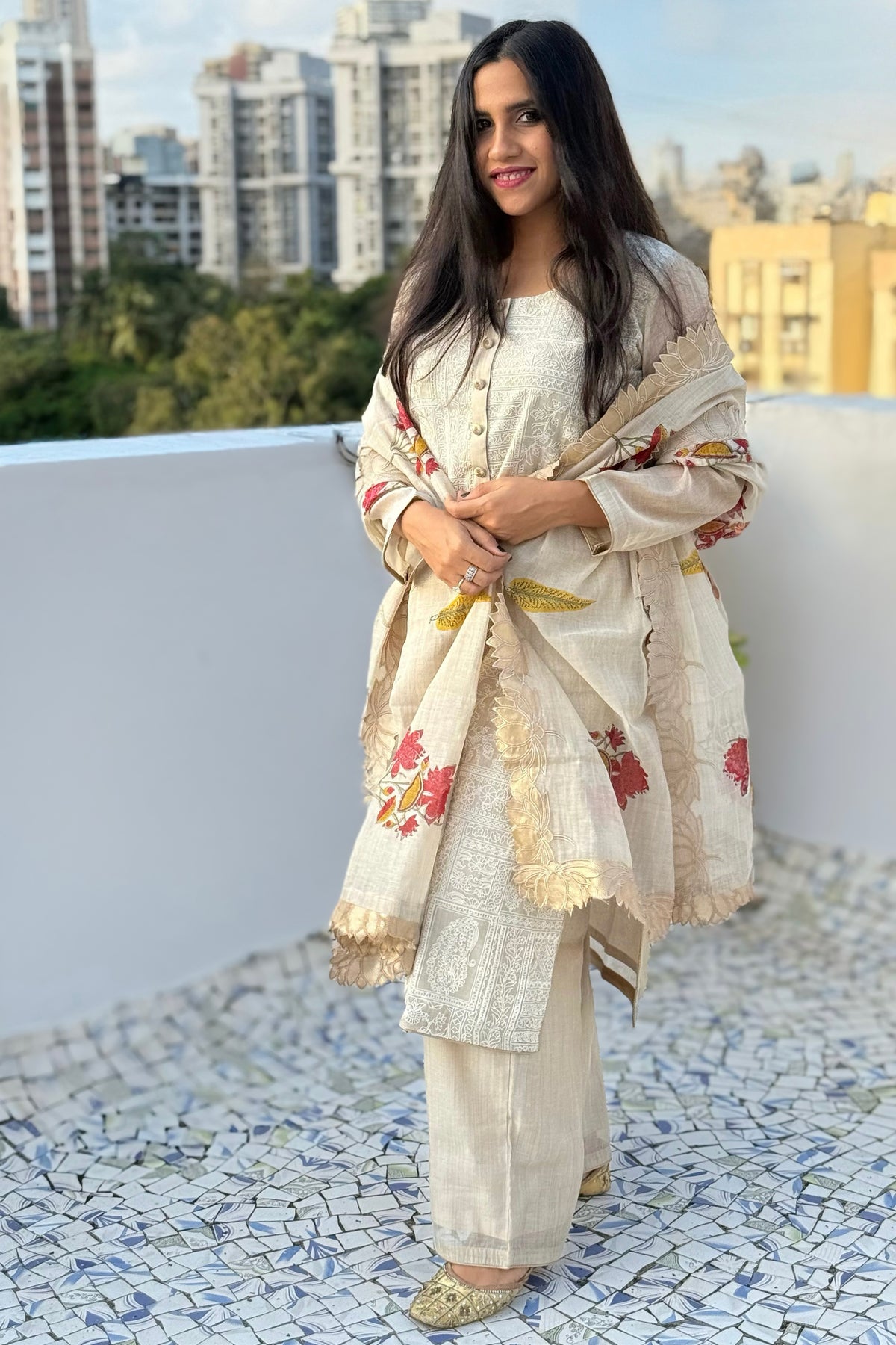 Warm Ivory Gulbahar Chanderi Suit Set