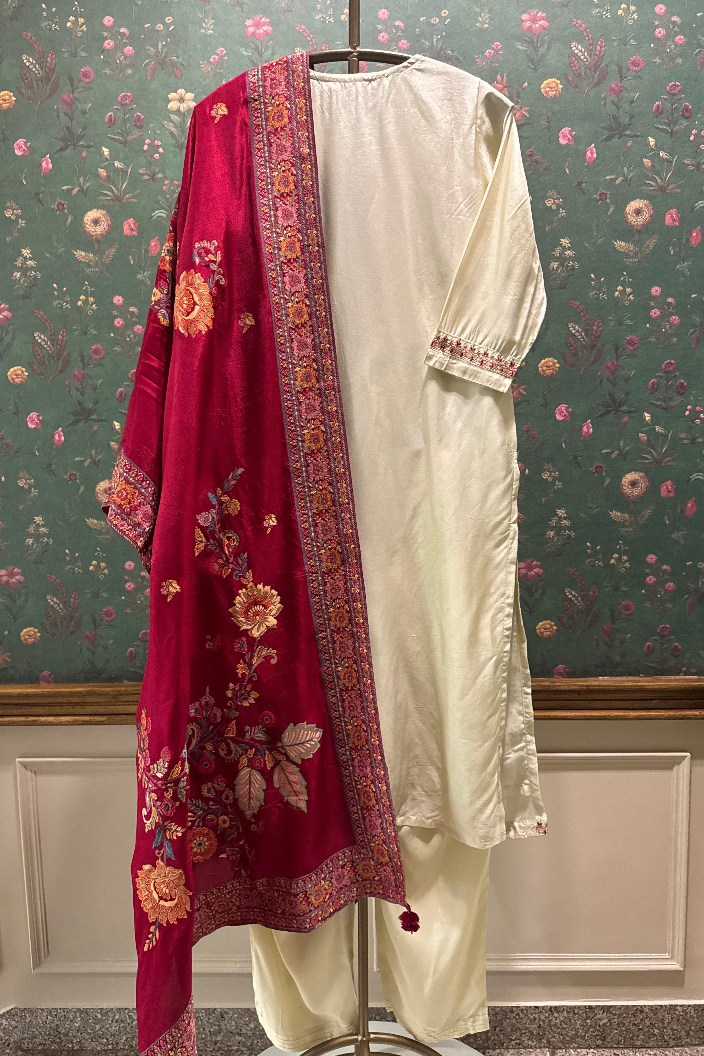 Arzoo Ivory Chanderi Embroidered Suit Set with Magenta Pink Banarasi Dupatta | HER-550