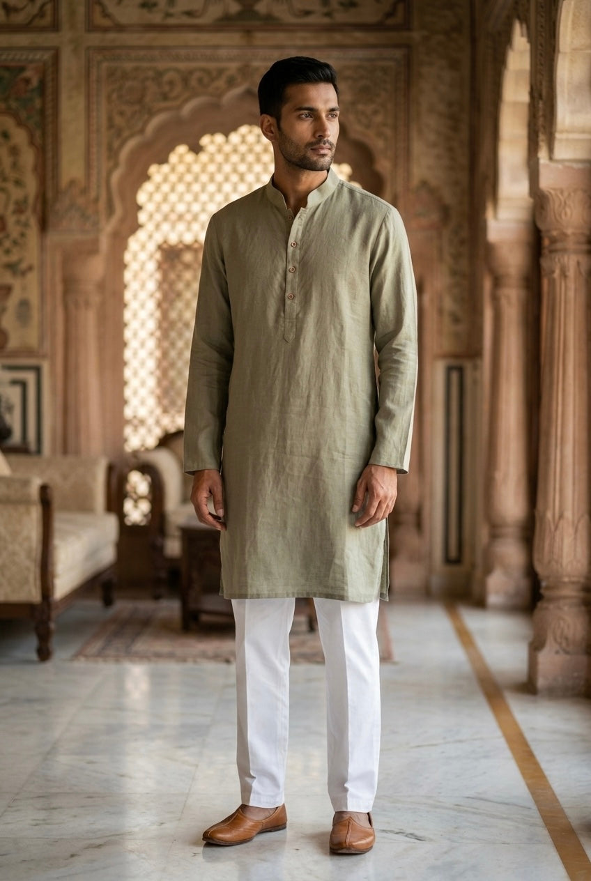 Men’s Pure Linen Kurta Pajama Set – Sage Green