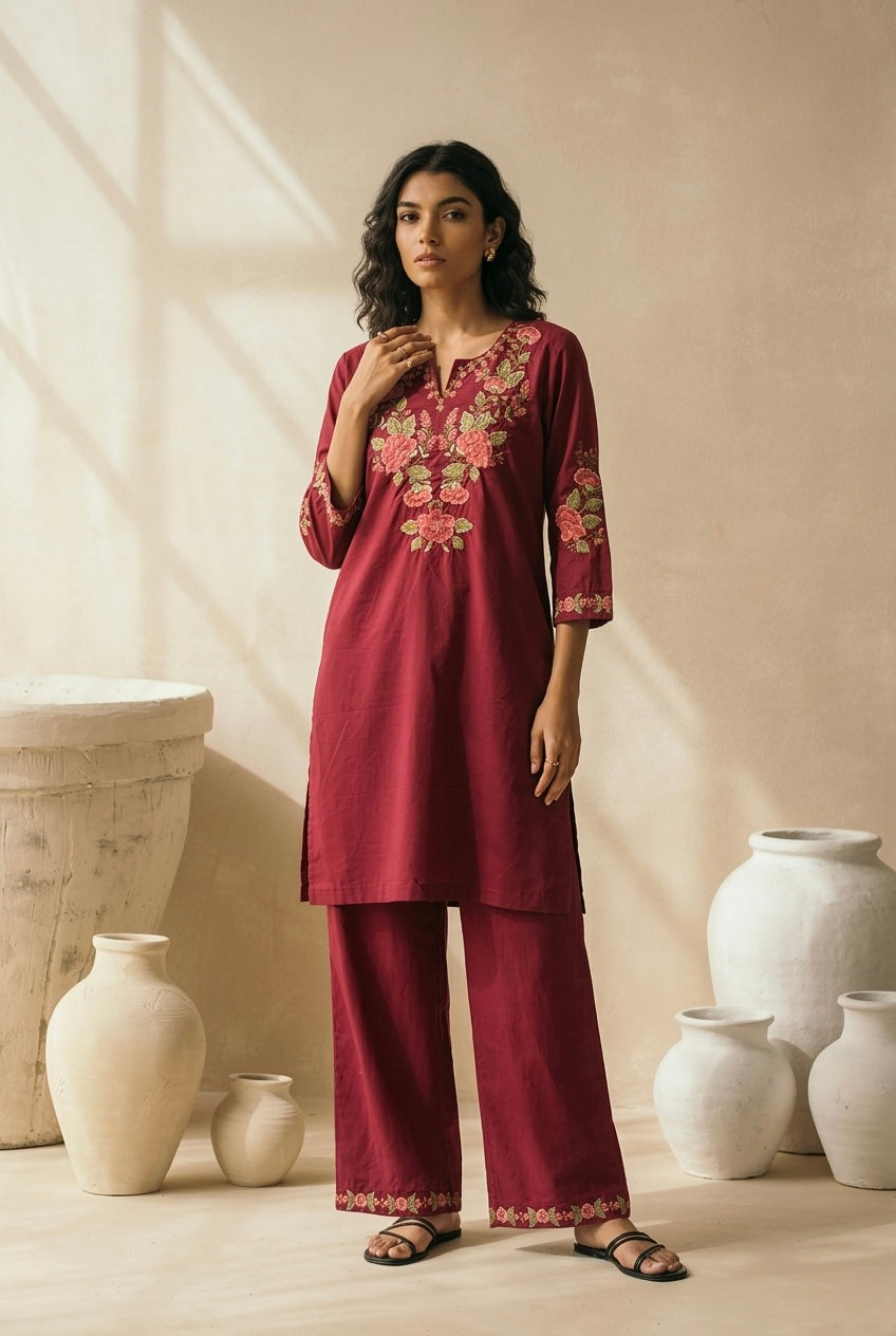 Berry Red Embroidered Kurta Set | HER-721