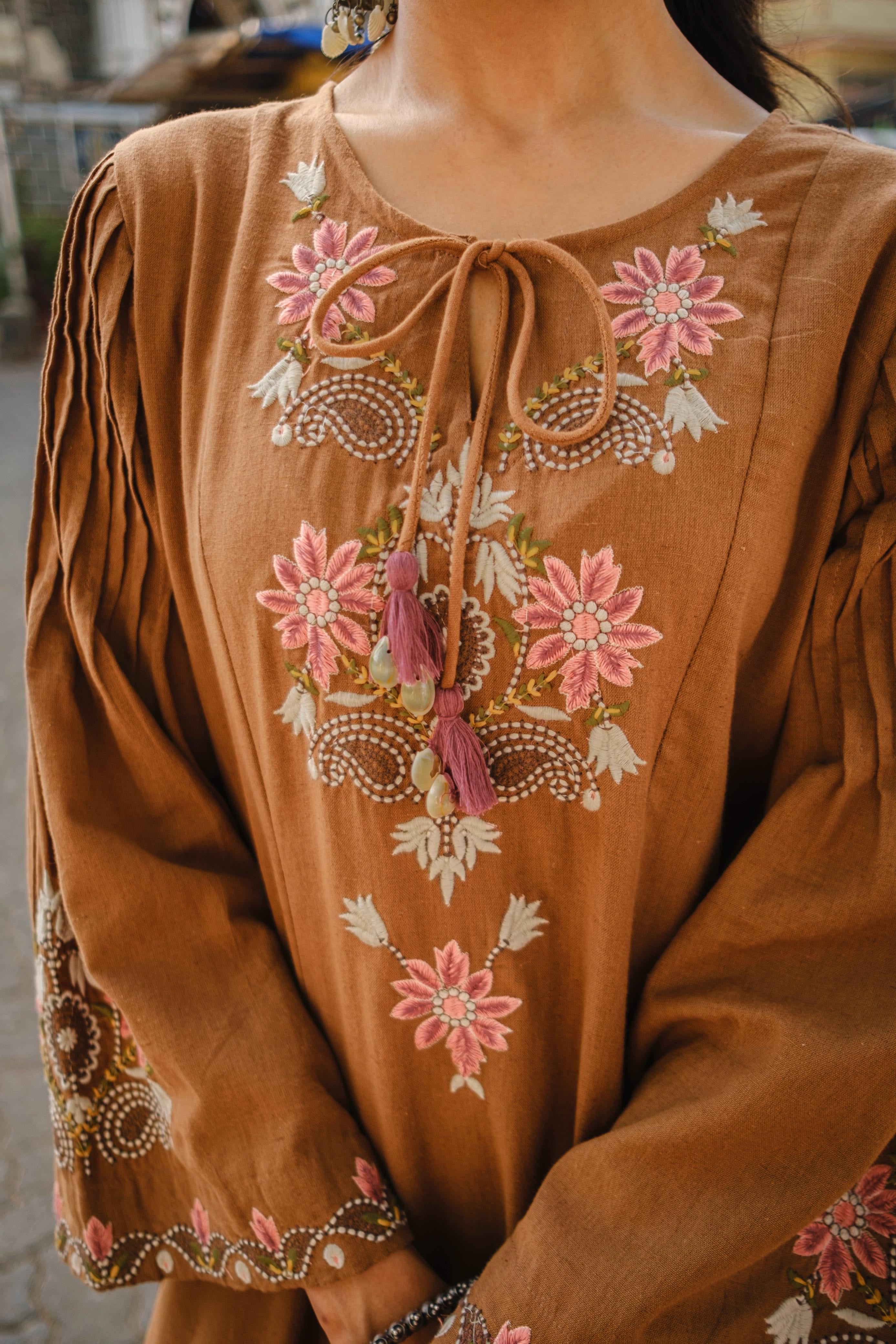 Caramel Brown Embroidered A-Line Kurta Set | HER-723