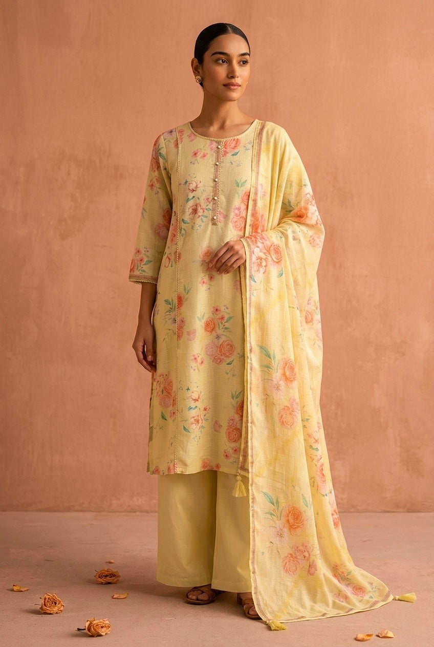 Pastel Yellow Floral Printed Cotton Linen Suit Set | HER-773