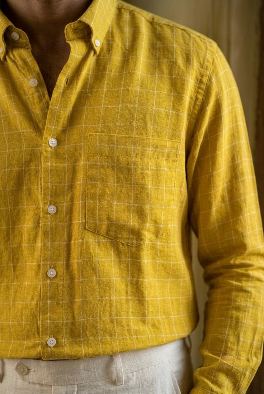 Mustard Yellow Check Men’s Pure Linen Full Sleeves Shirt