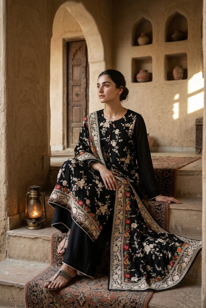 Black Floral Embroidered Georgette Suit Set