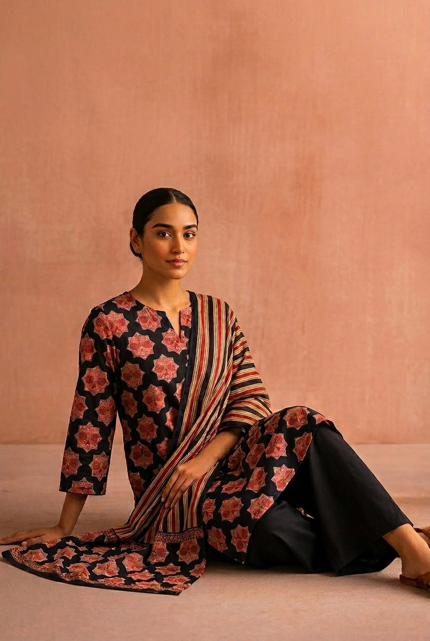 Floral Black Printed Cotton Suit Set | HER-724