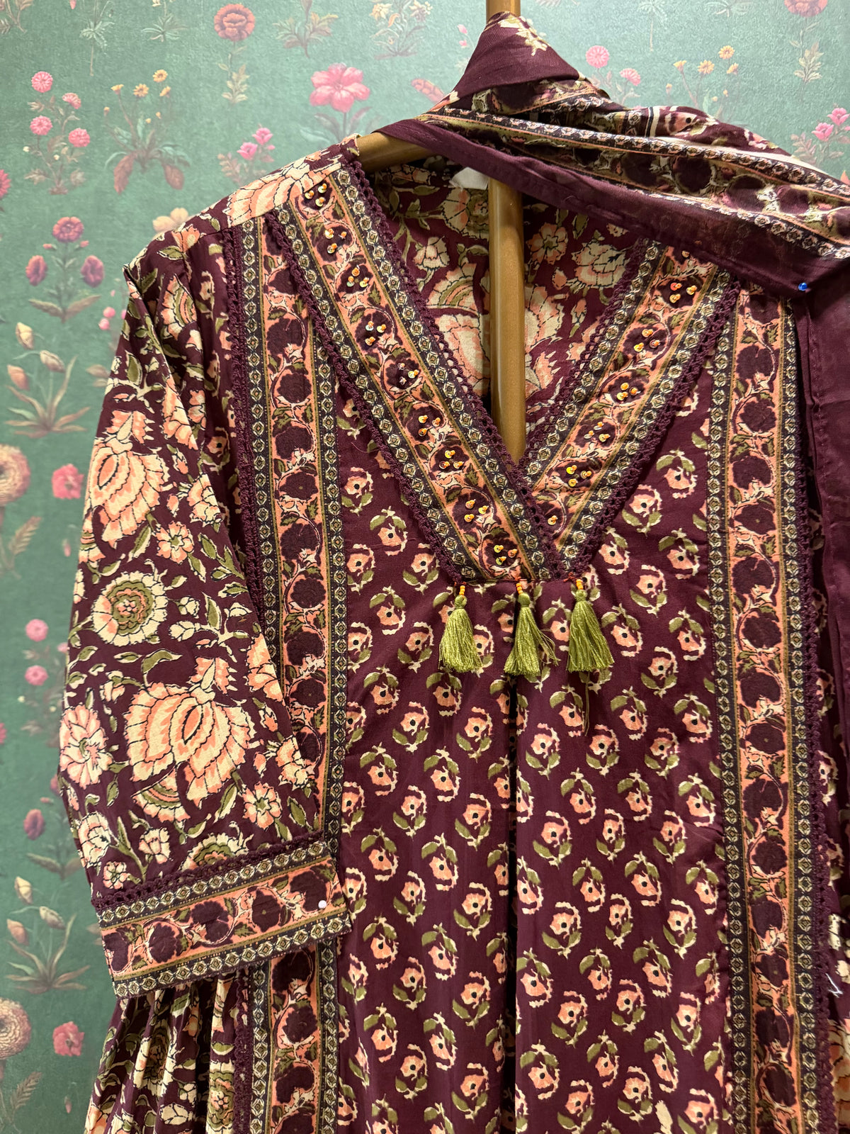 Deep Plum Floral Printed Cotton A-Line Suit Set | HER-714