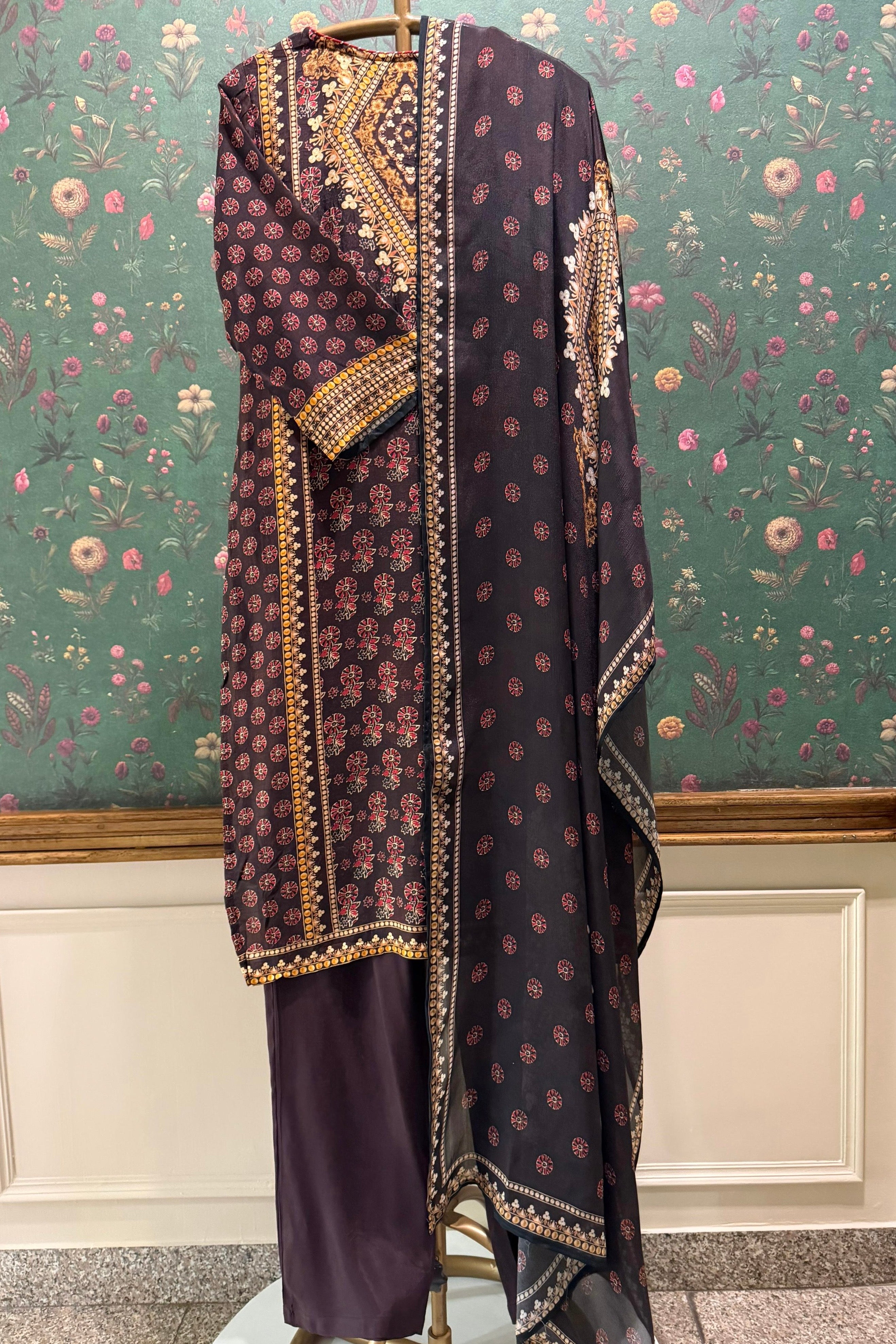 Dark Brown Mughal Motif Embellished Suit Set | HER-615