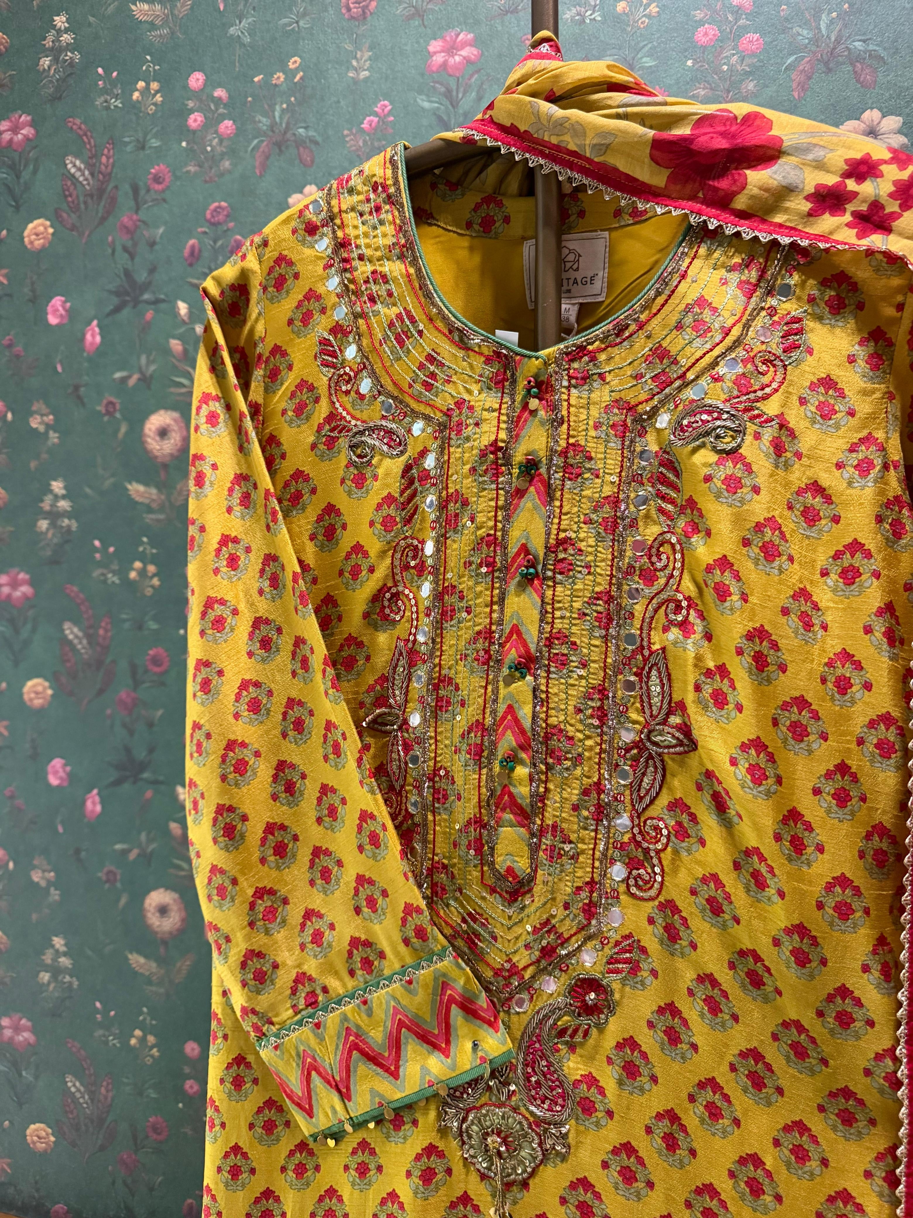 Sunshine Yellow Floral Chanderi Silk Suit Set | HER-636