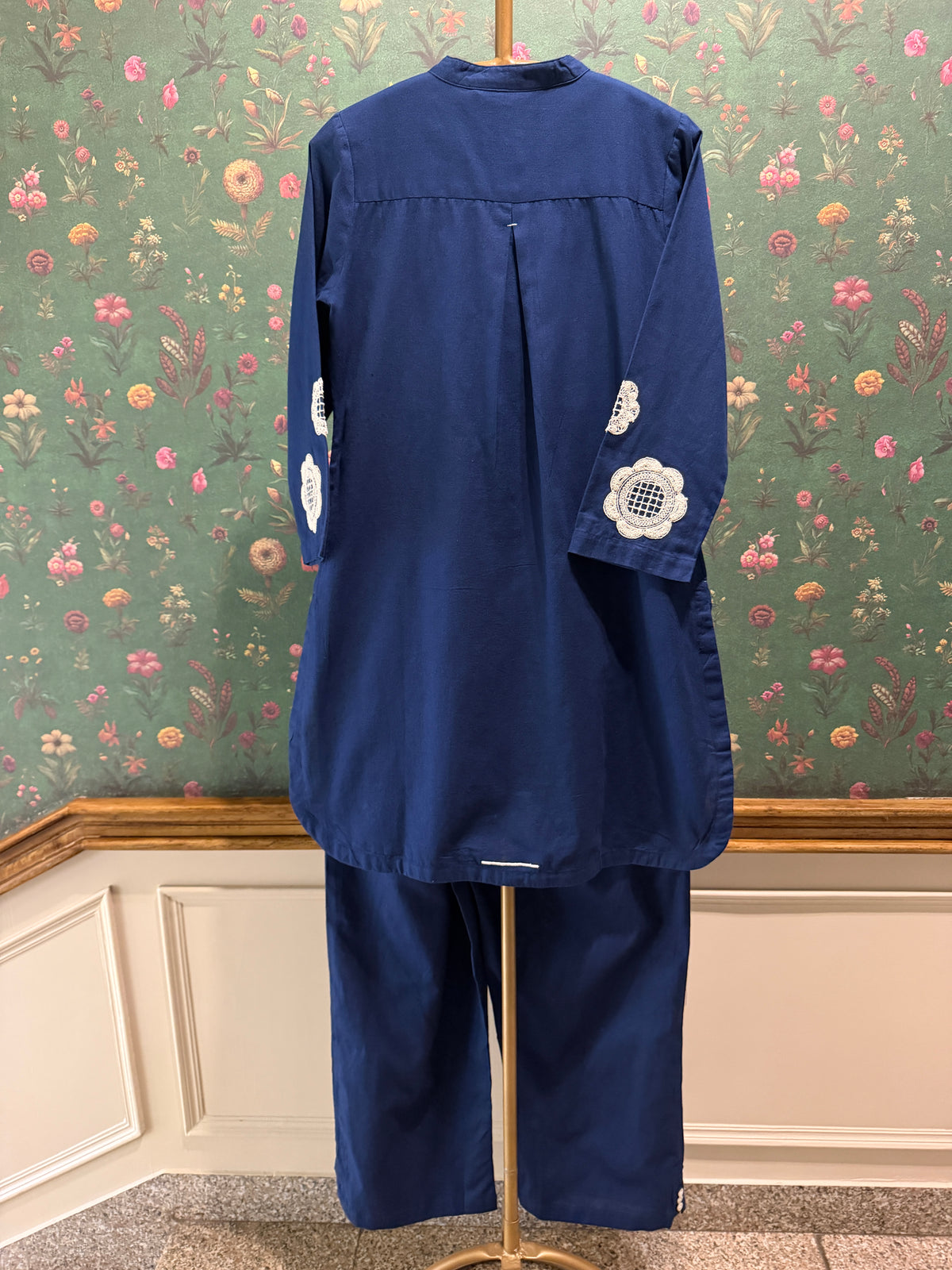 Navy Blue Appliqué Khadi Cotton Kurta/Co-ord Set