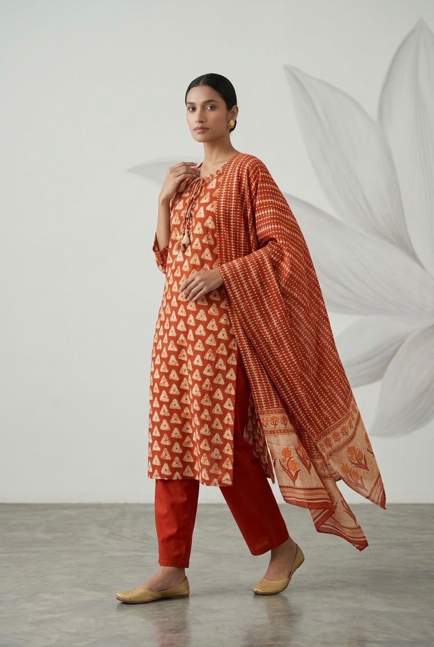 Rust Orange Printed Cotton Suit Set | HER-675
