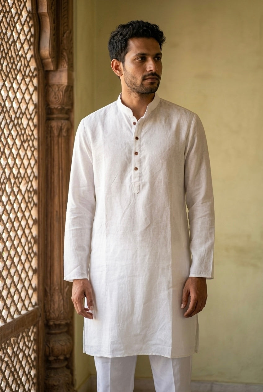 Men’s Pure Linen Kurta Pajama Set – Ivory White