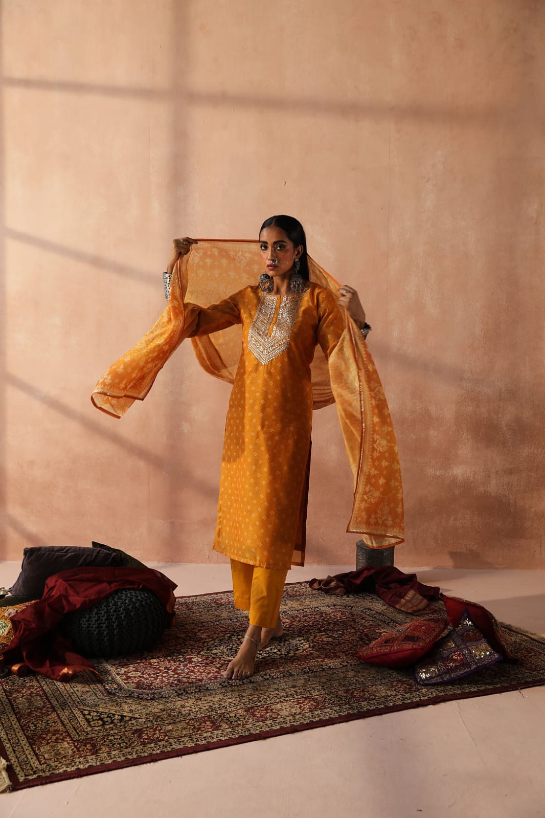 Mustard Yellow Bandhani Chanderi Suit Set