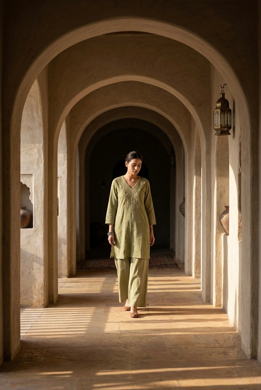 Sage Green Mul-Chanderi Kurta Set