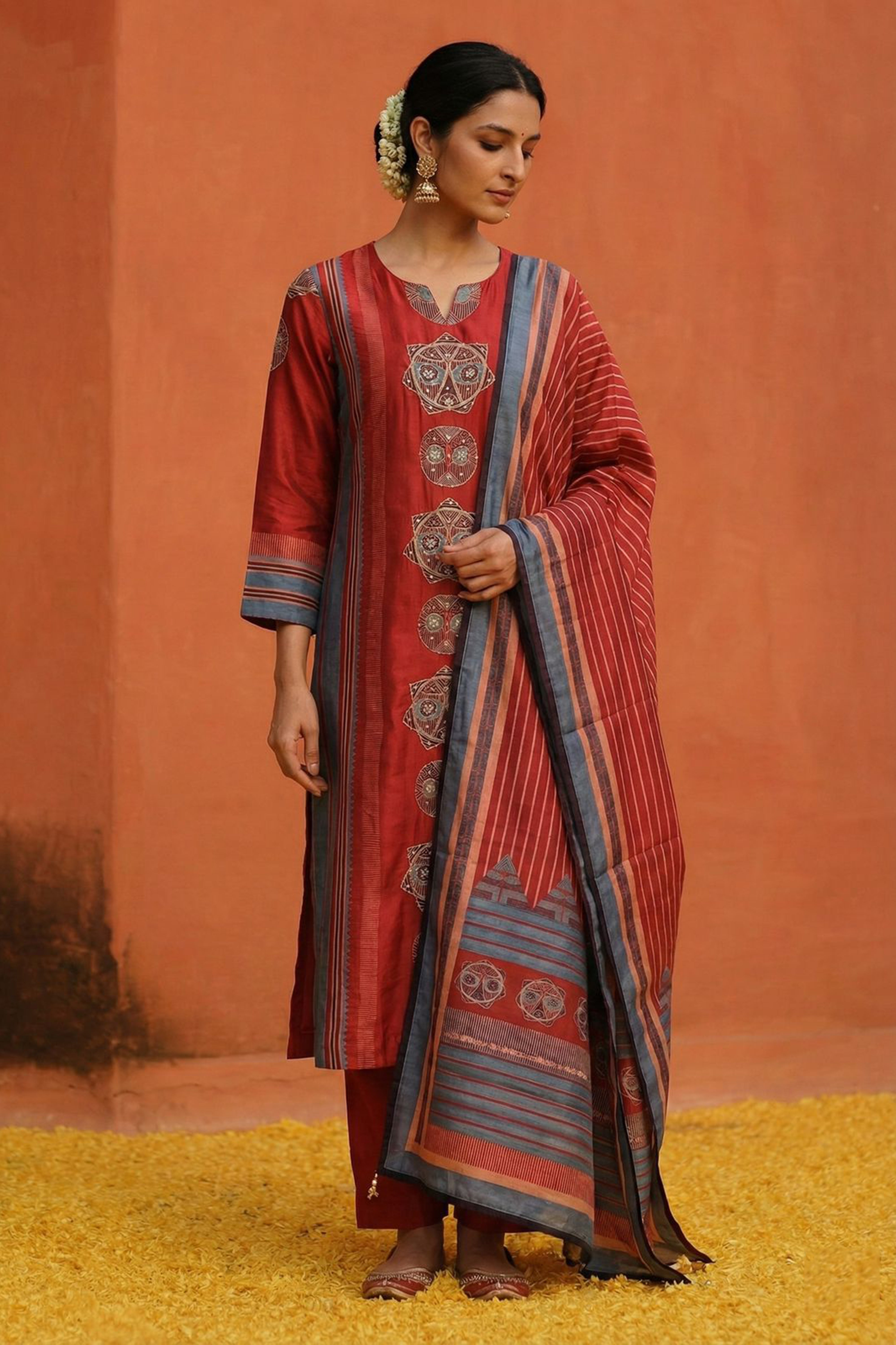 Pankhuri Deep Red Muslin Suit Set | HER-393