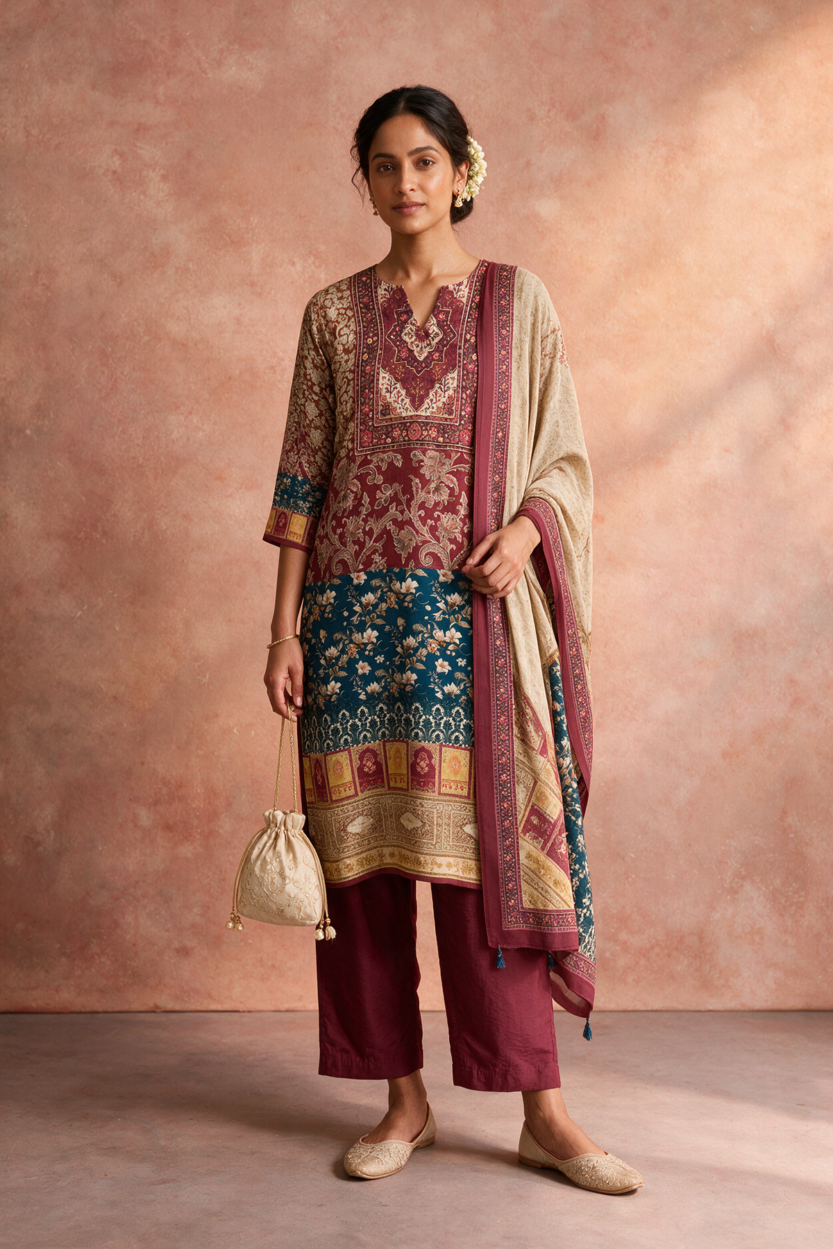 Maroon Printed Soft Silk Suit Set