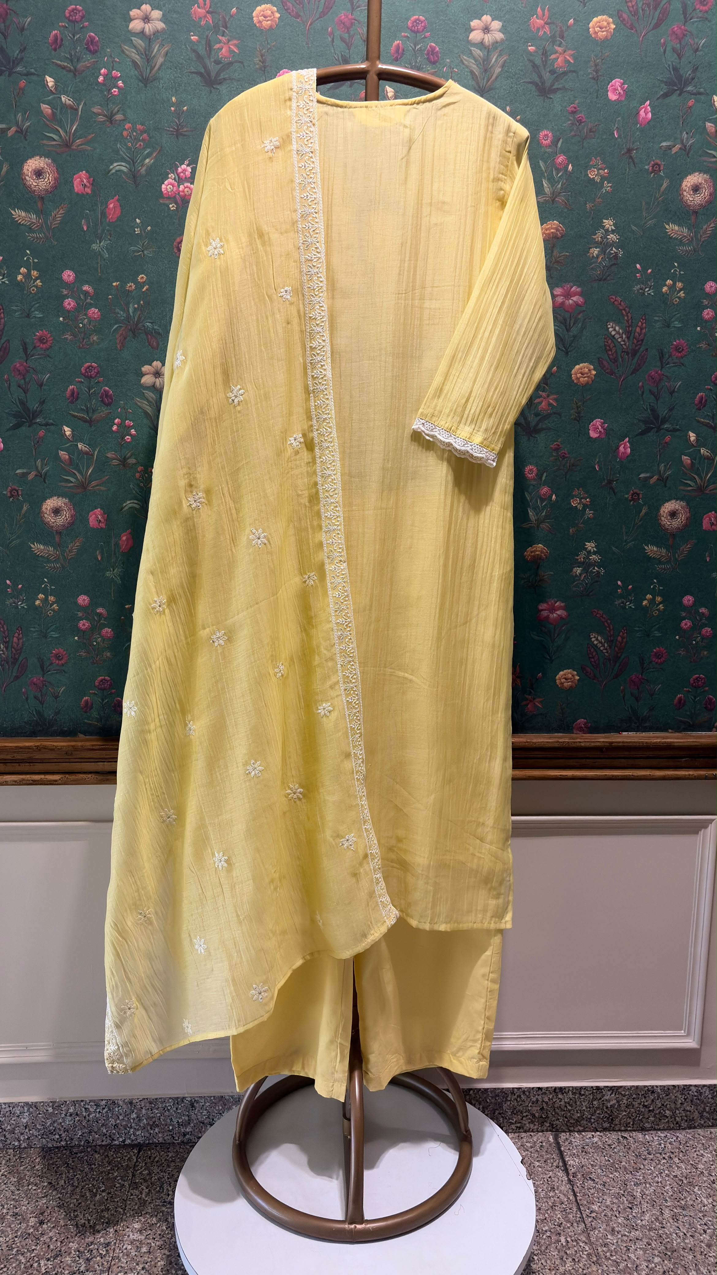 Pastel Yellow Embroidered Mul-Chanderi Suit Set | HER-788