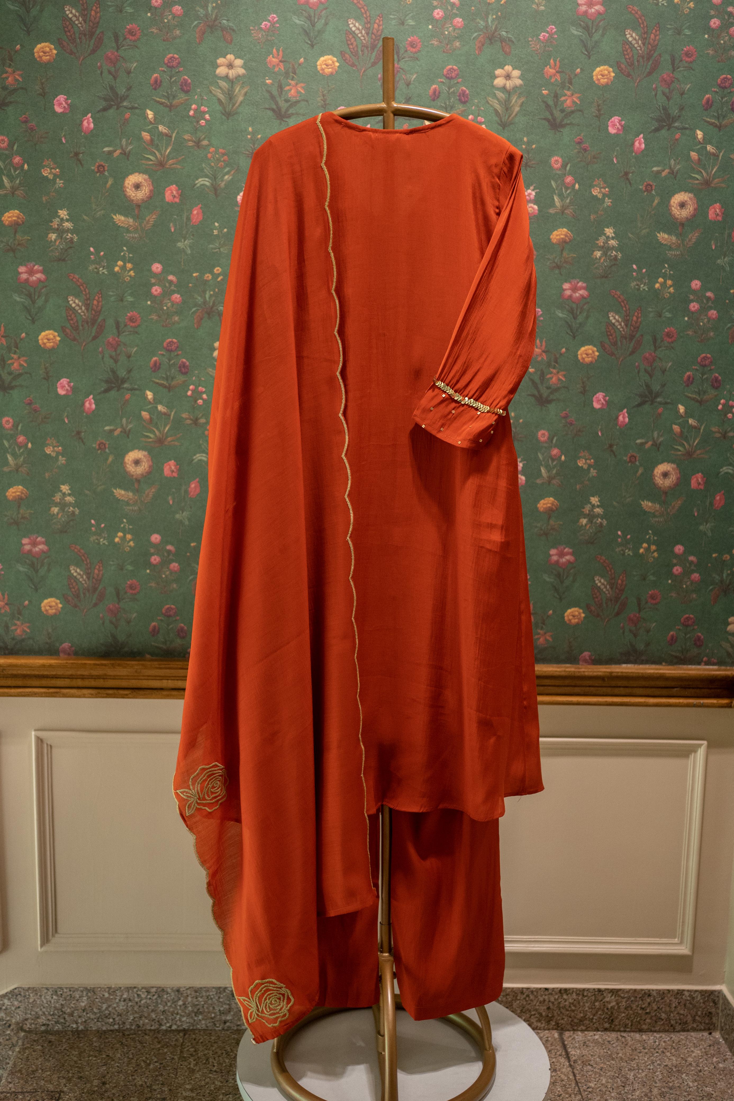 Terracotta Rust Orange, Rose Pintuck Palazzo Set with Scallop Dupatta| HER-587 RUST