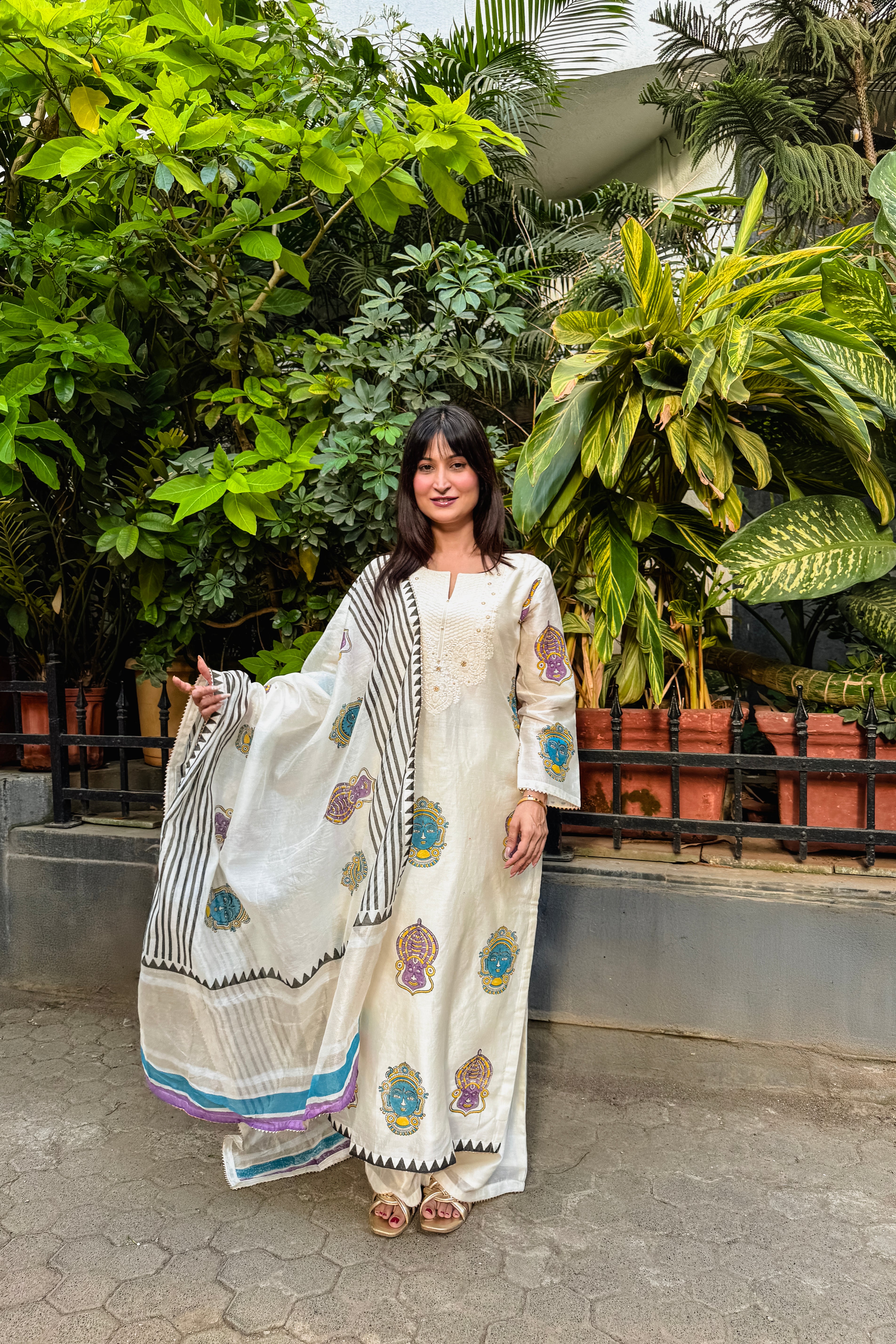 Handcrafted Ivory Printed Chanderi Long Suit Set x Noorin Sha | HER-611