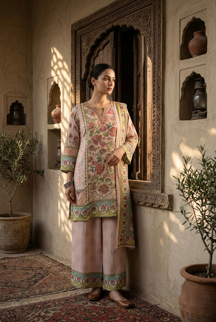 Pastel Pink Crushed Tissue Floral Suit Set | HER-776