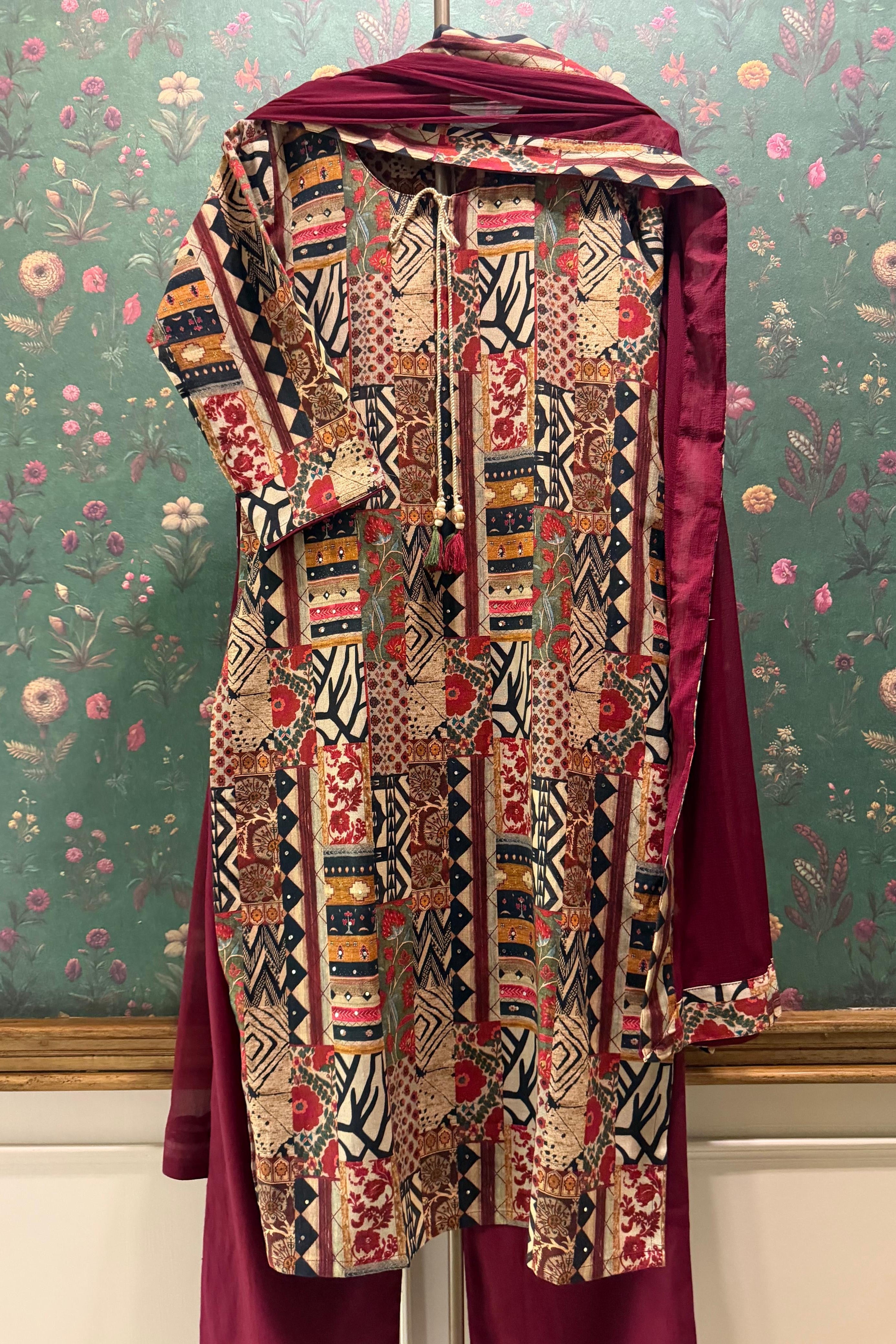 Rangrez Maroon Patchwork Suit Set | HER-645