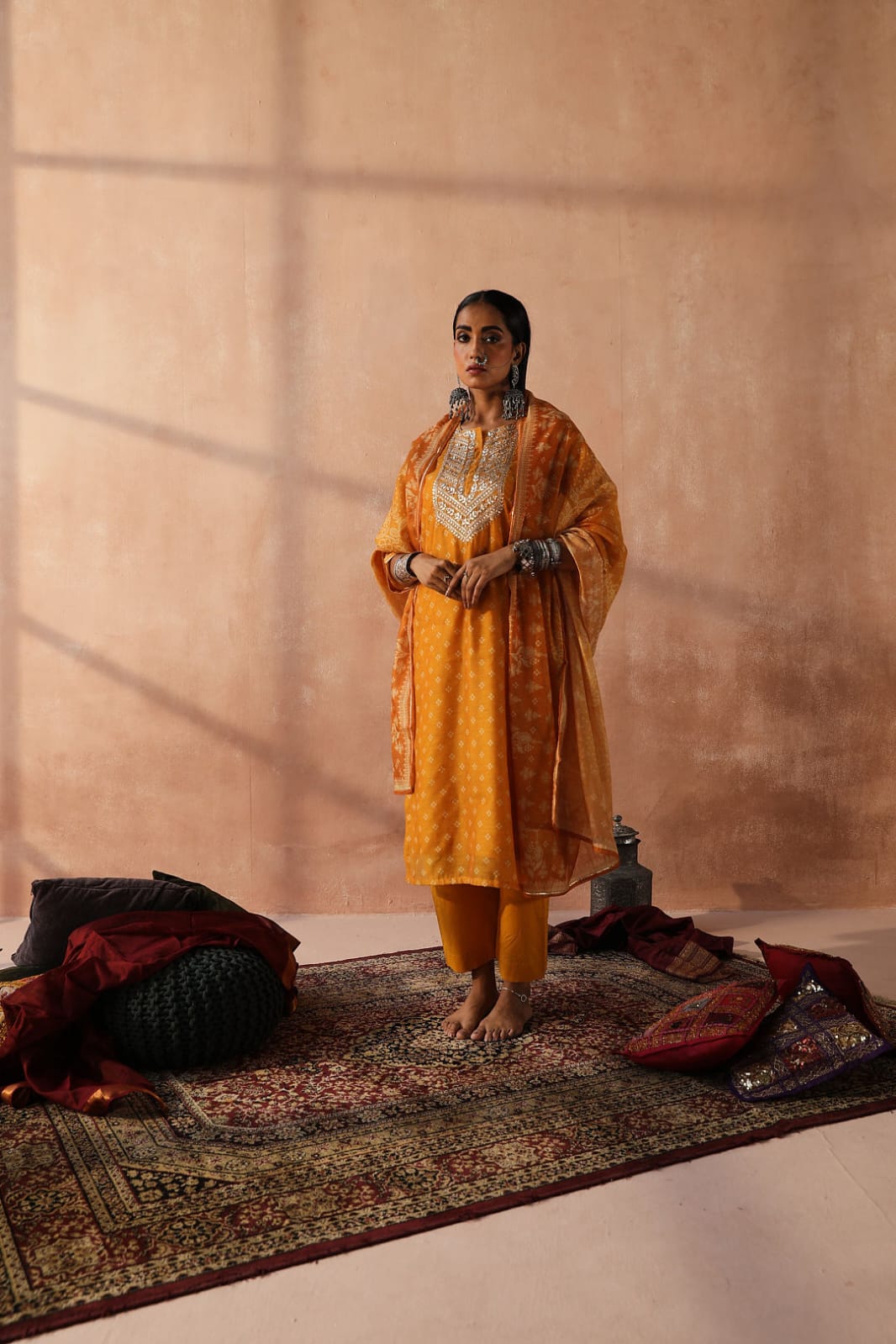Mustard Yellow Bandhani Chanderi Suit Set