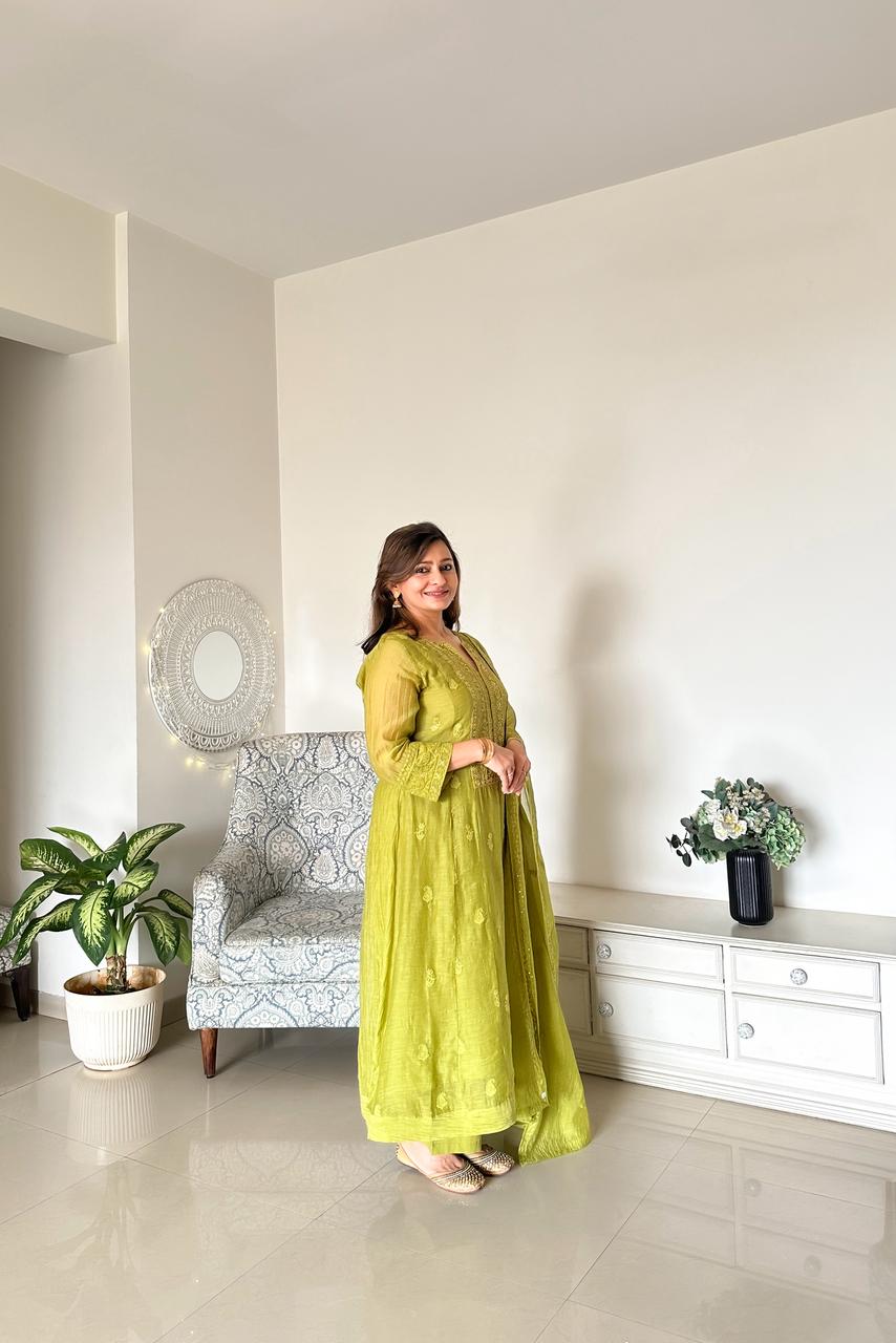 Mehndi Green Chikankari A-Line Mul Chanderi Suit Set | HER-627