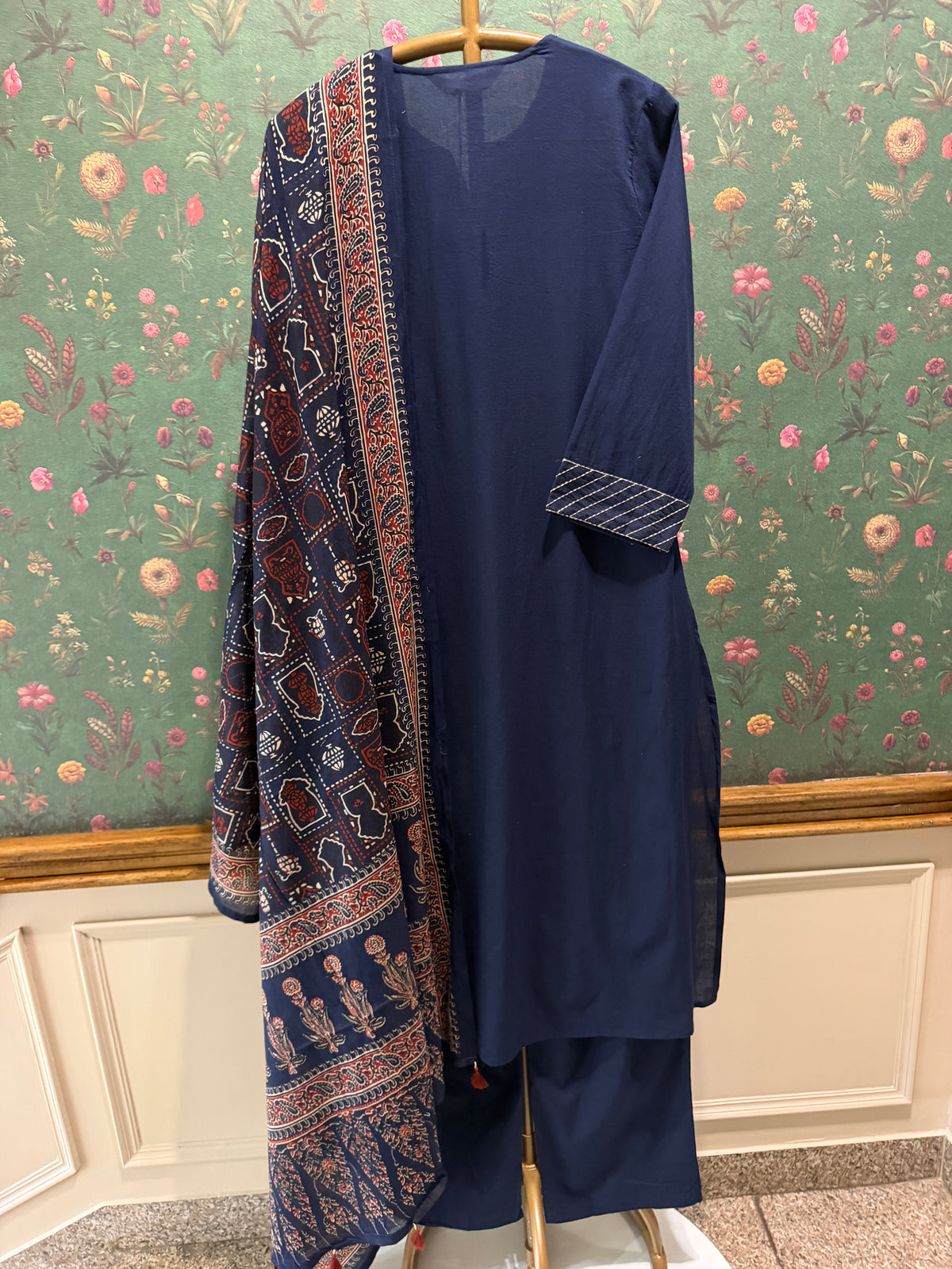 Navy Blue Embroidered Pure Cotton Suit Set