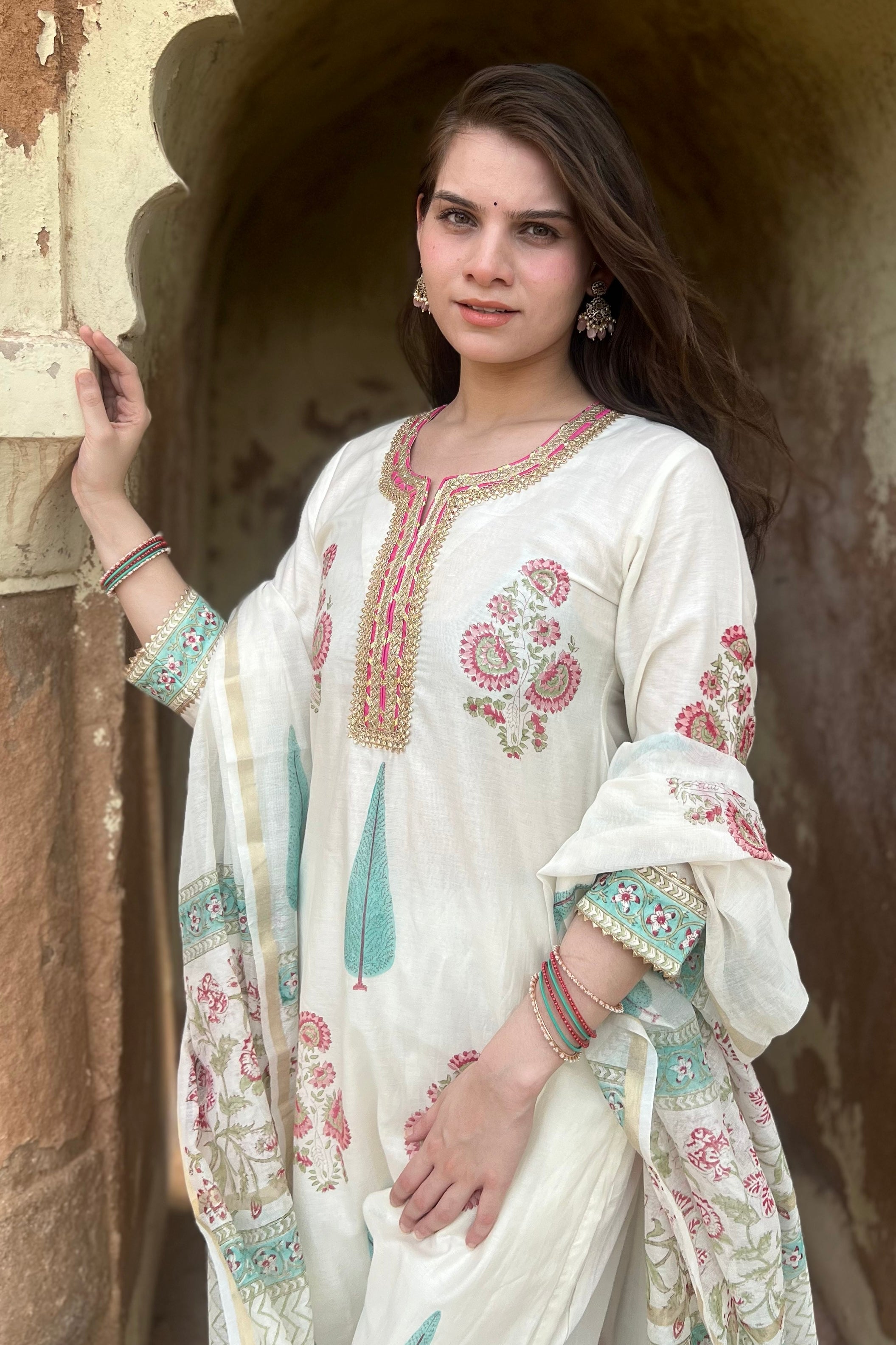 Ivory White Floral Printed Chanderi Suit Set | HER-757
