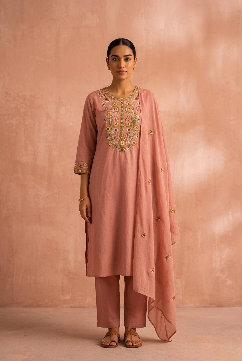 Blush Pink Embroidered Cotton Suit Set | HER-707