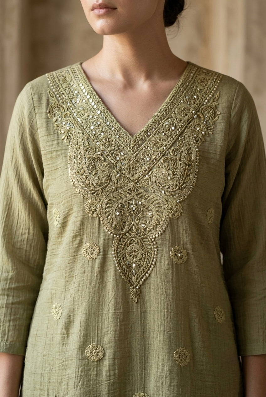 Sage Green Mul-Chanderi Kurta Set
