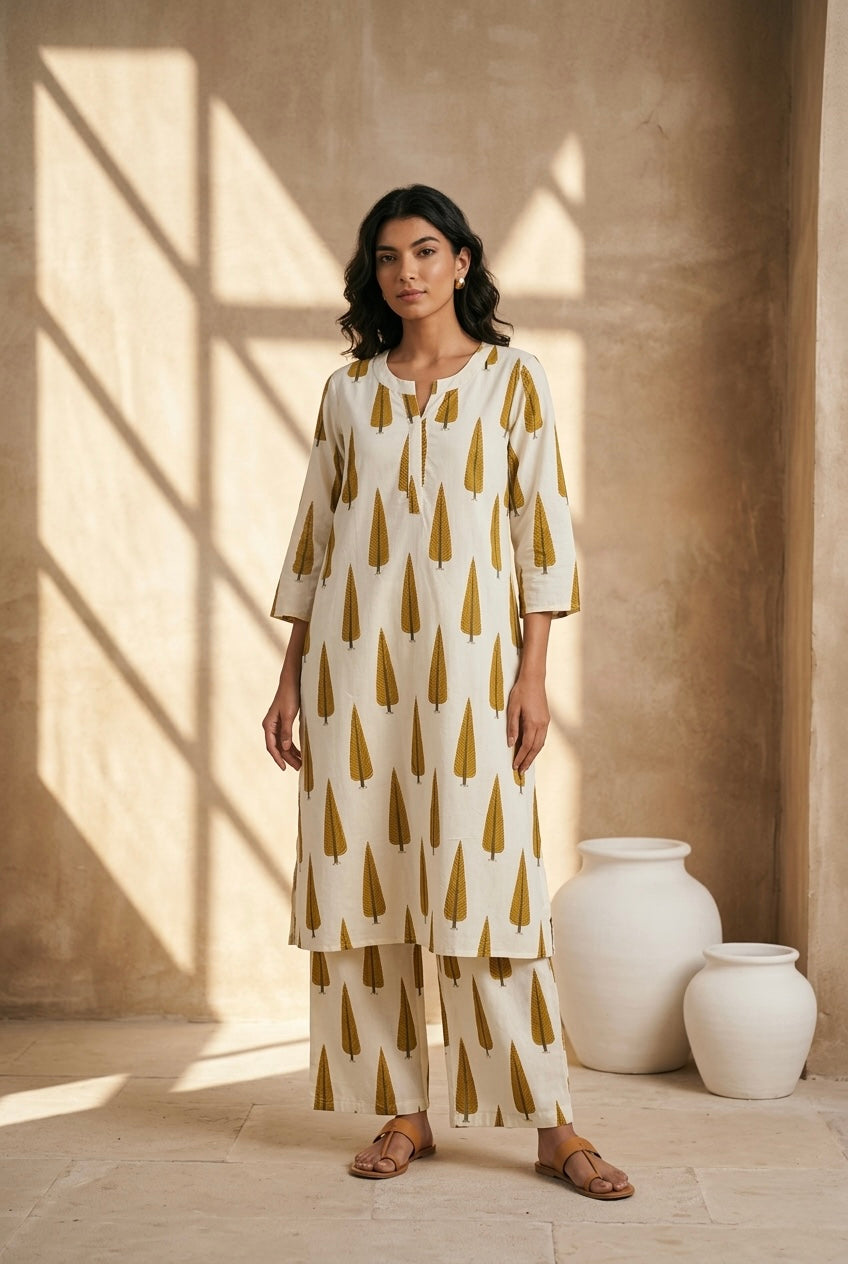 Mustard Yellow Cotton Printed Kurta Set | HER-711