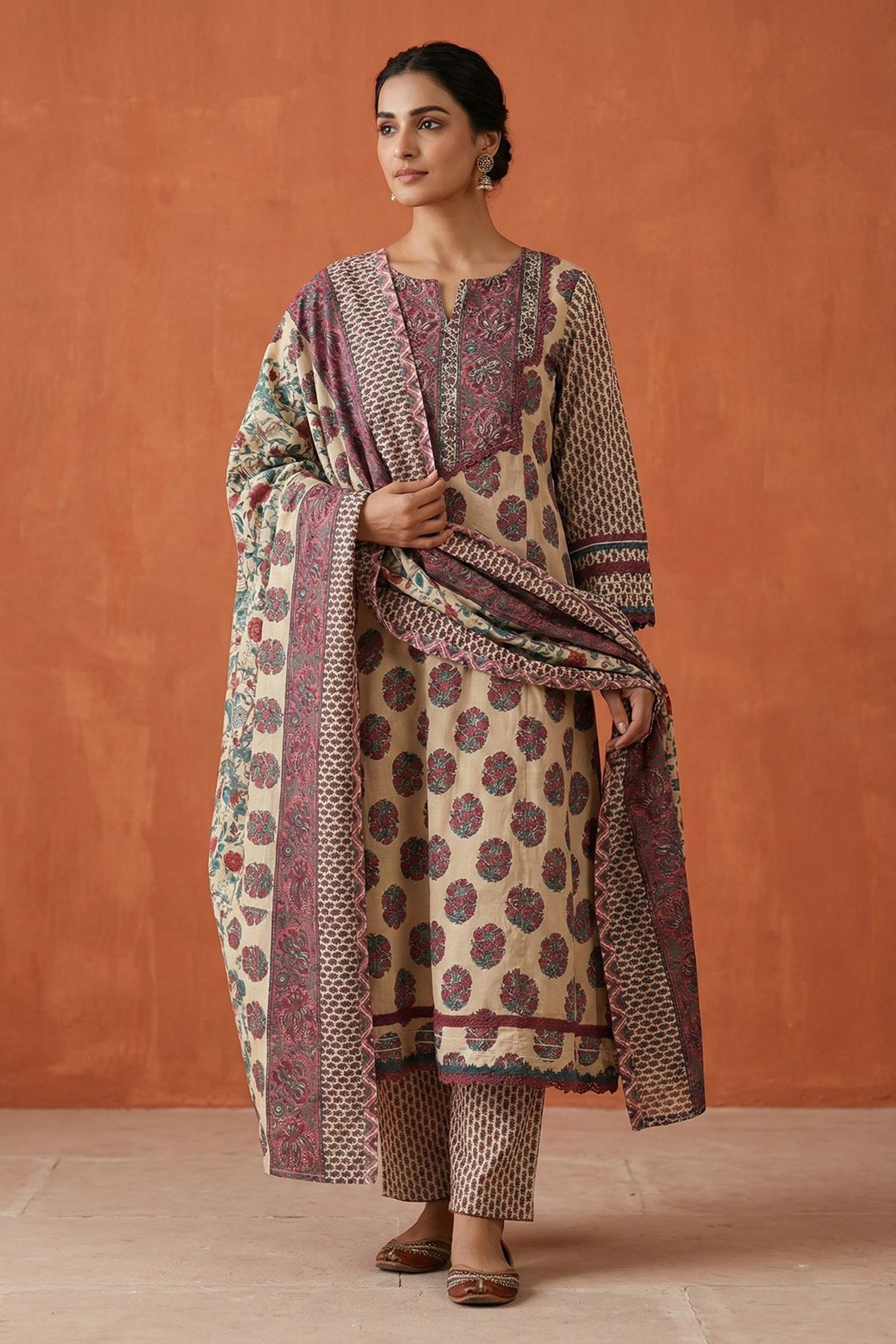 Beige Cotton Anarkali Suit Set | HER-348