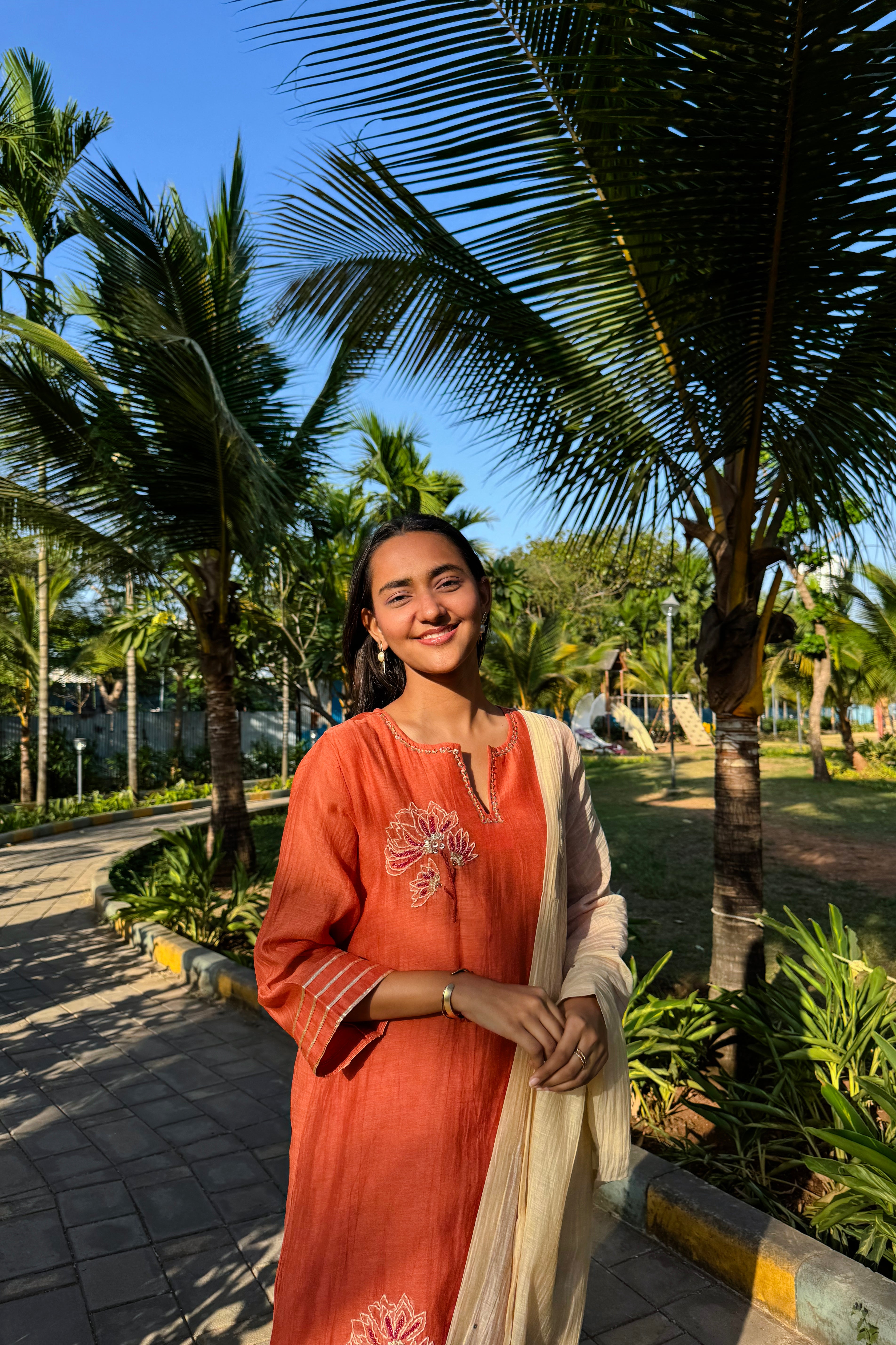 Rust Orange Embroidered A-Line Mul Chanderi Suit Set x Gargi Shah | HER-624