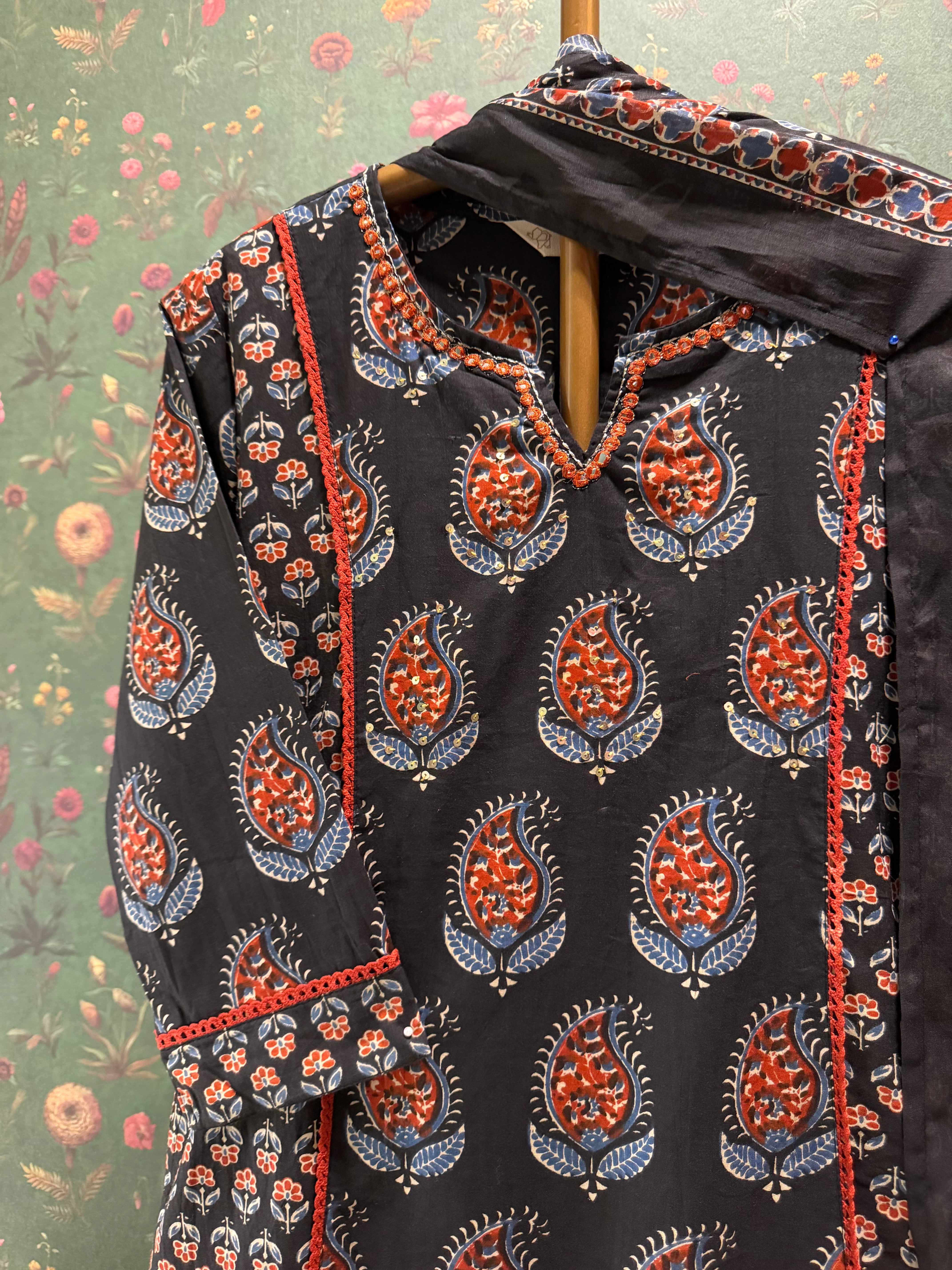 Black Ajrakh Printed Cotton A-Line Suit Set | HER-720