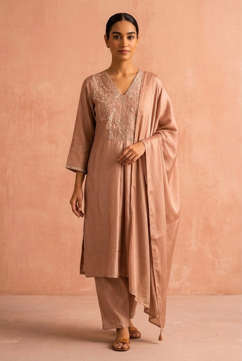 Saanjh Blush Nude Modal Silk Embroidered Suit Set | HER-554