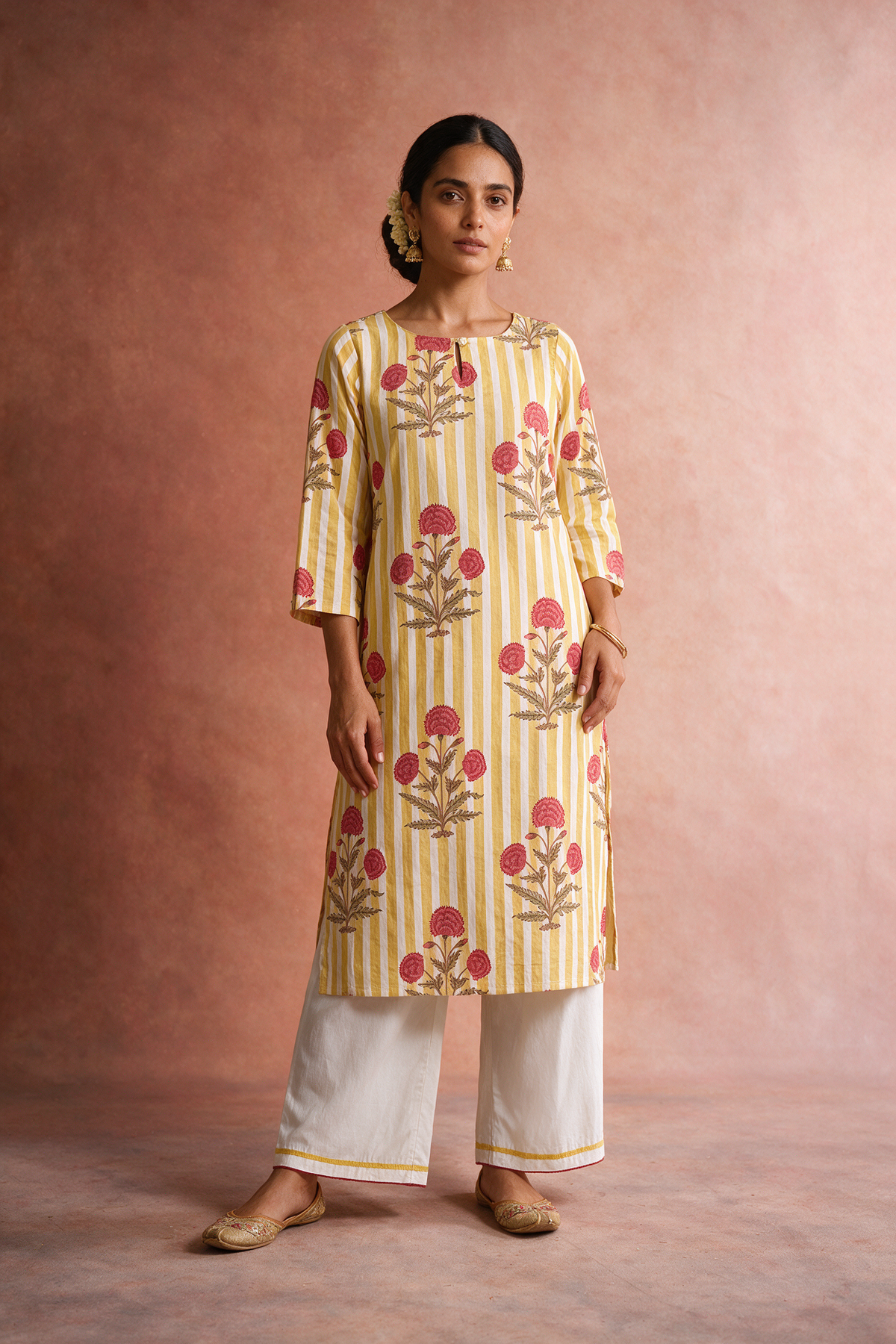Mustard Floral Stripe Kurta Set