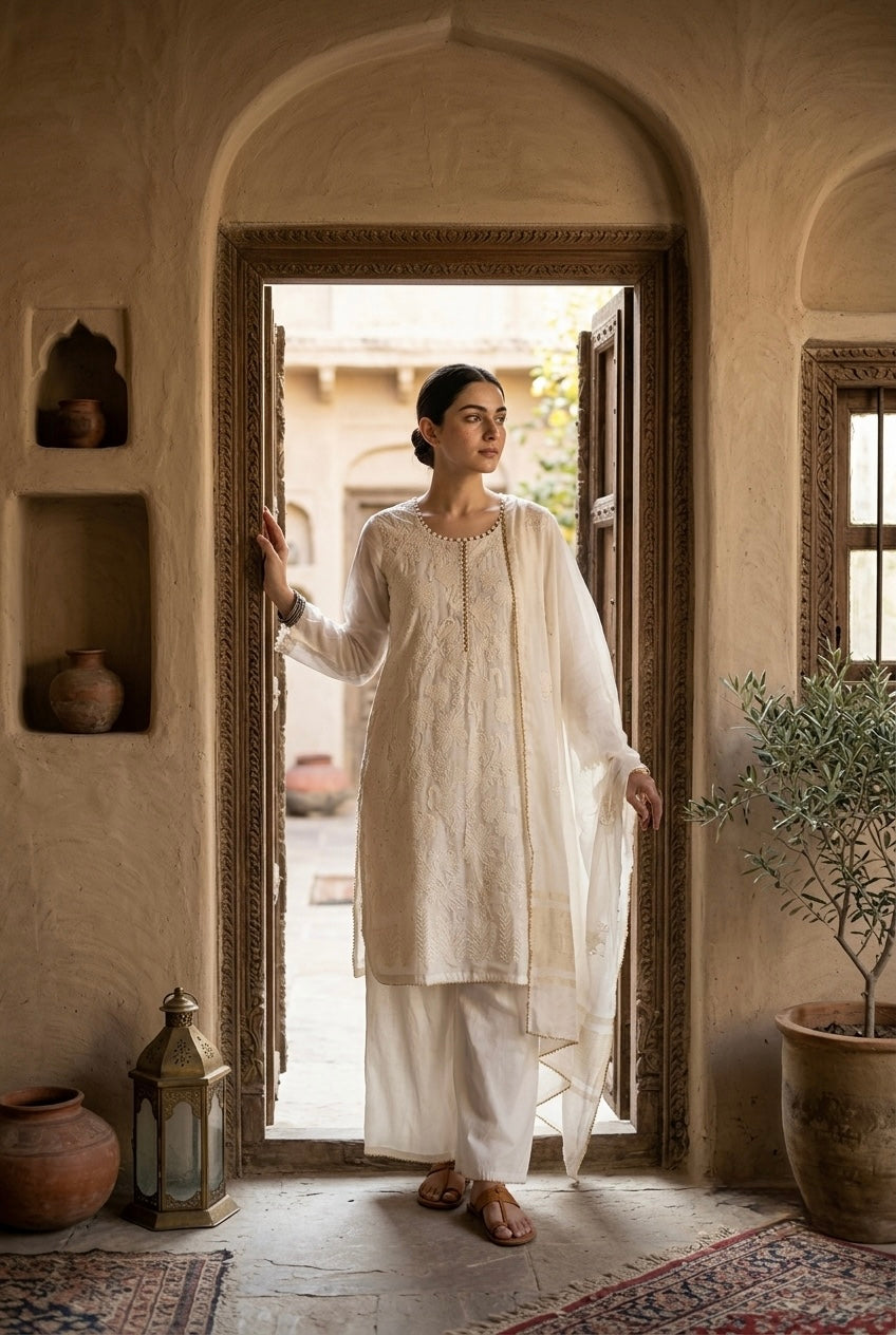 Ivory Floral Crane Embroidered Suit Set