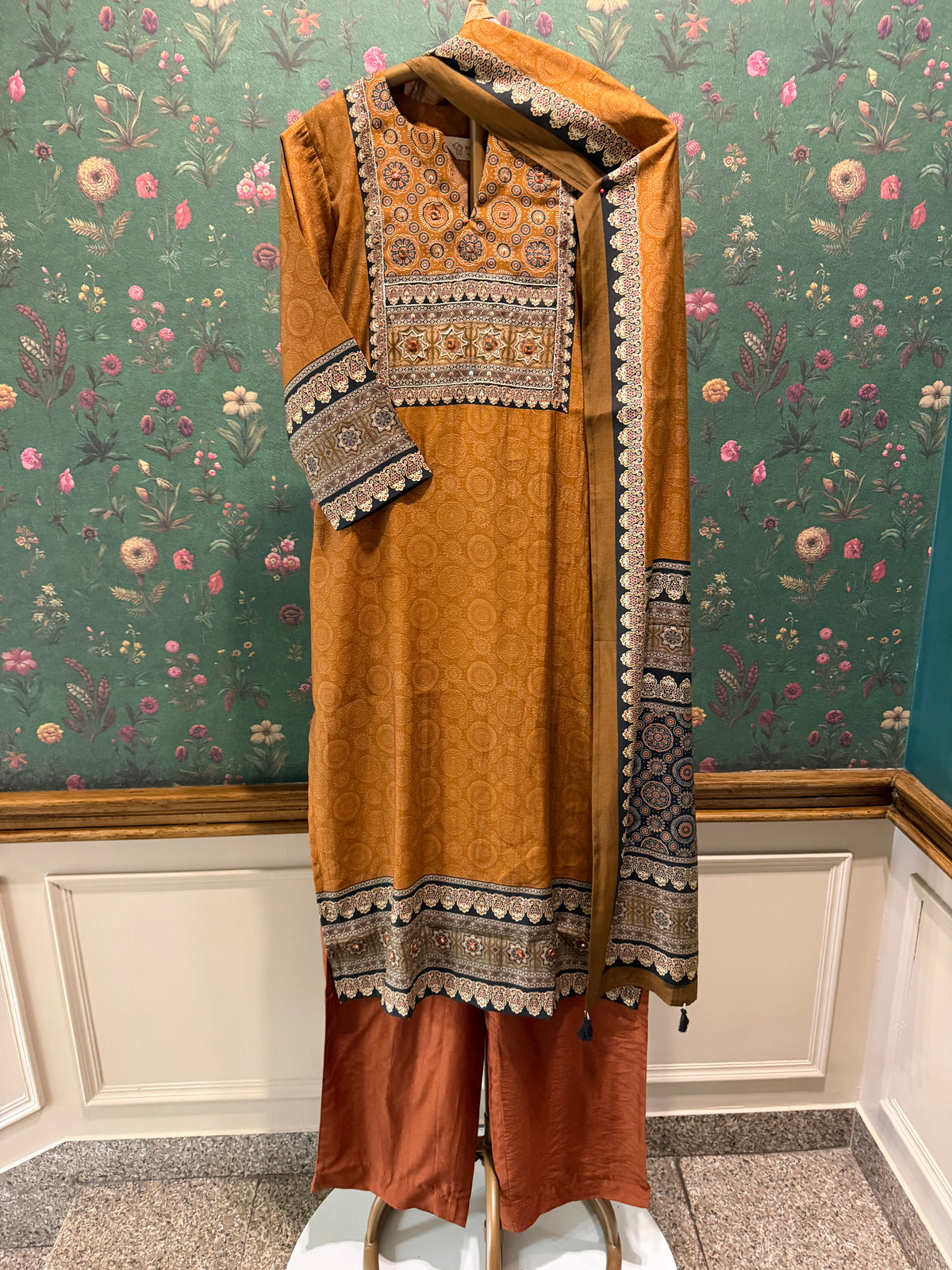 Mustard Brown Printed Muslin Suit Set